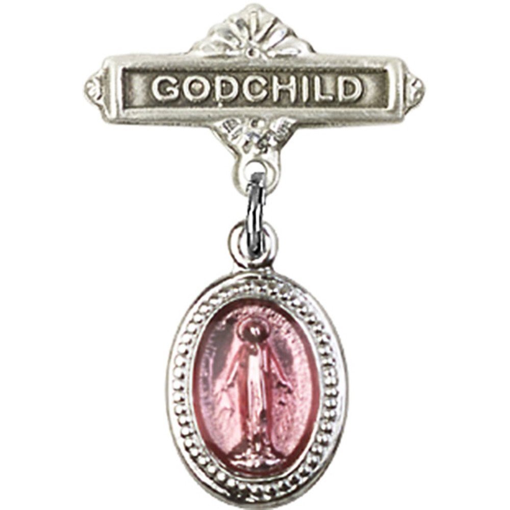 Sterling Silver Baby Badge with Pink Miraculous Charm - Godchild Pin 1 X 5/8 Inches - Perfect for Christenings, Baptisms & Baby Gifts - Elegant Keepsake for Special Occasions