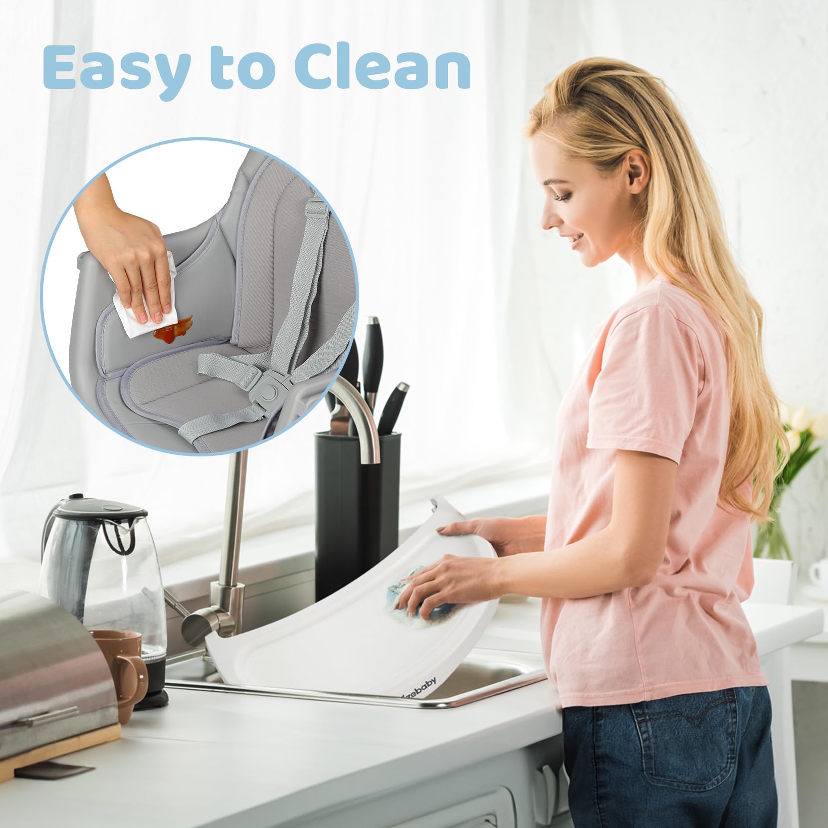 Ezebaby 6-in-1 Portable Baby High Chair with Adjustable Legs & Double Cushions - Convertible Toddler Booster Seat for Dining Table | Perfect for Home, Travel & Restaurant Use (Grey)