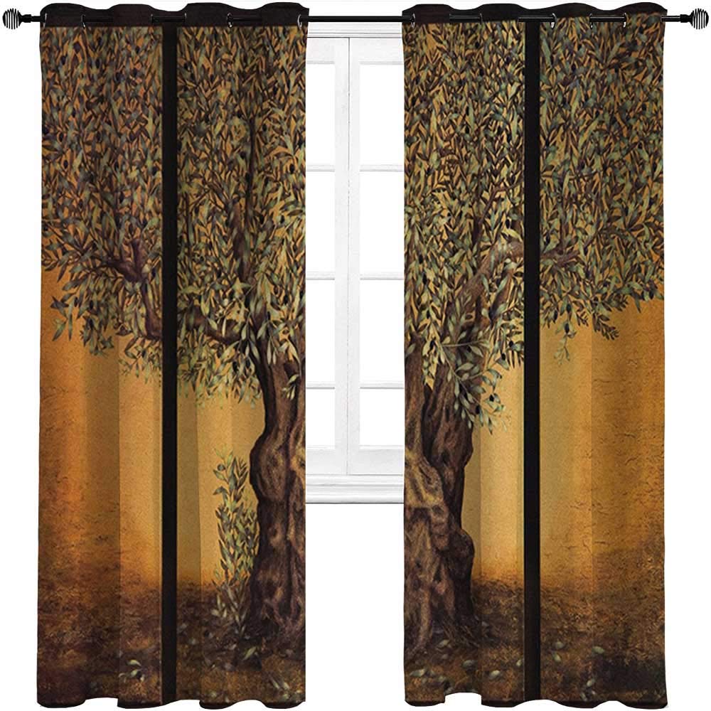 Blackout Curtains 84 Inch Length - Thermal Insulated Tree of Life Design, Triptych Olive Tree Mediterranean Style (36