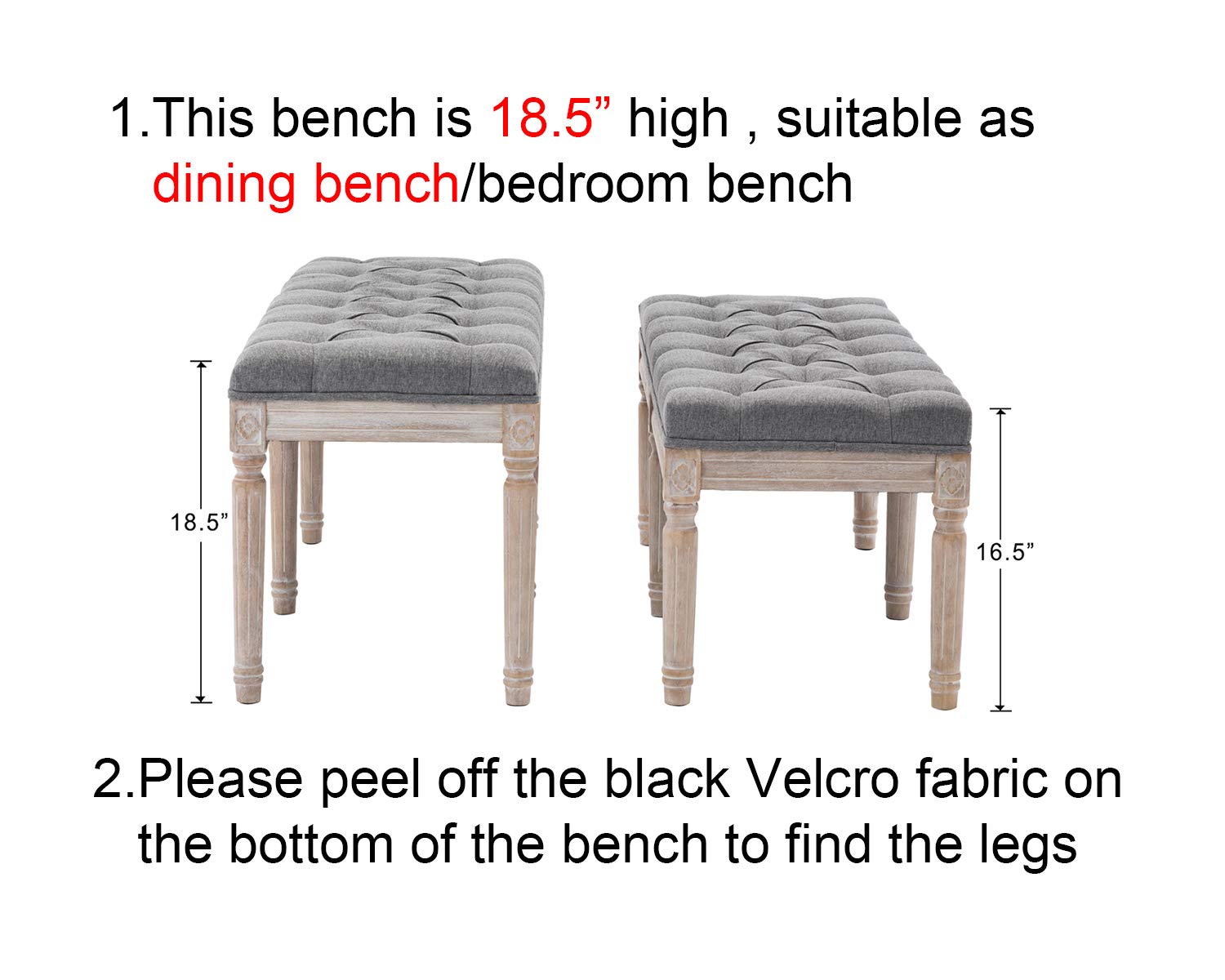 Kmax Upholstered Dining Room Bench - Rustic Living Room Ottoman with Carved Wooden Legs & Gray Fabric - Perfect for Farmhouse Dining Sets, Entryway Seating and Bedroom Footrest