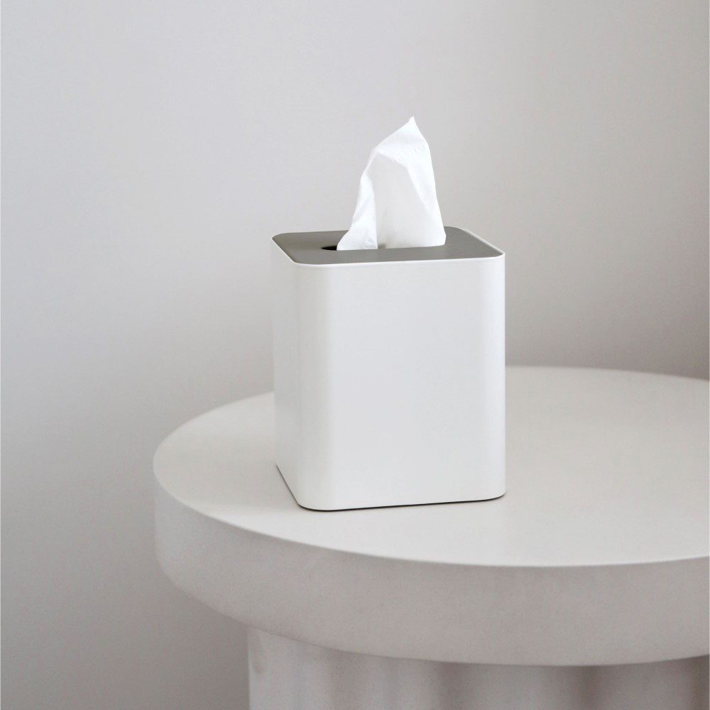 Square Tissue Box with Metal Lid - White & Brushed Steel Home Decor | Modern Tissue Holder for Living Room, Bathroom & Office