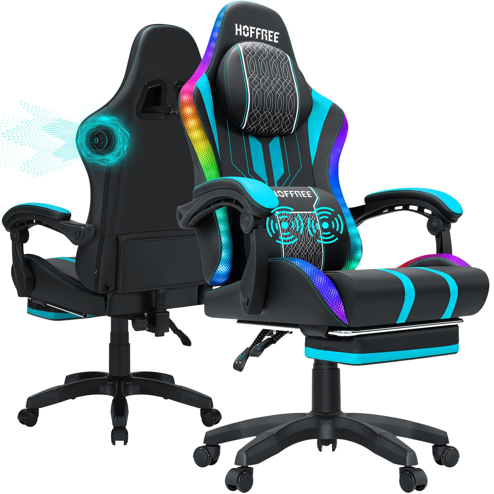 HOFFREE LED Gaming Chair with Massage & Speakers - Big and Tall Reclining Video Game Chair with Footrest - 400lbs Capacity High Back Ergonomic Computer Desk Chair (Blue and Black) - Perfect for PC Gaming, Office Work & Home Entertainment