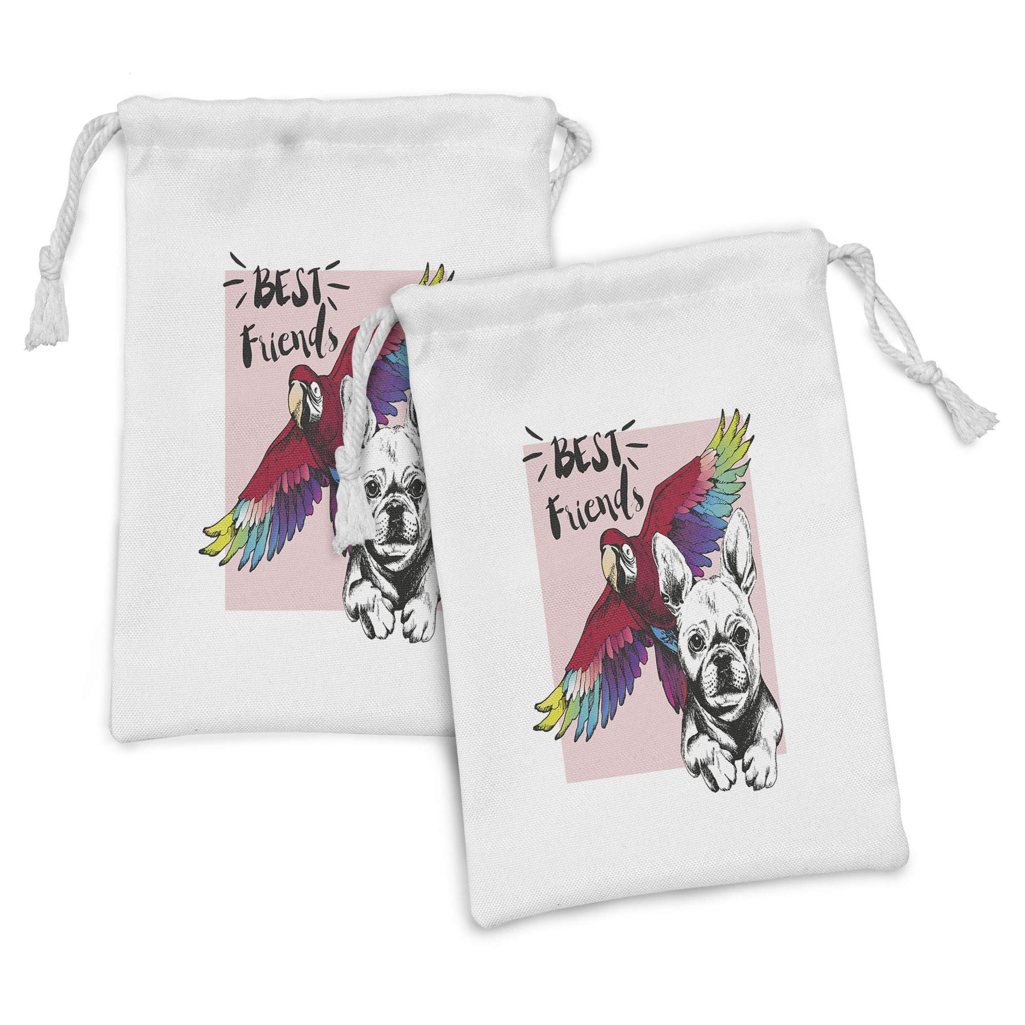 Ambesonne Modern Fabric Pouch Set of 2 - French Bulldog & Tropical Parrot Best Friends Design Drawstring Bags (9