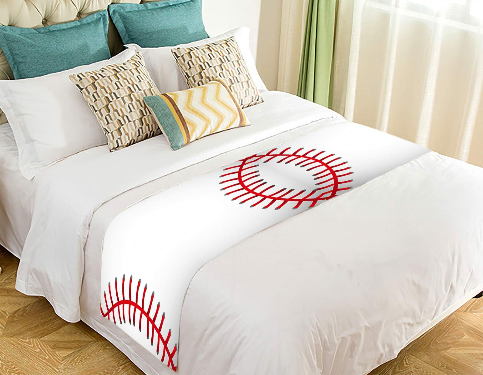 ECZJNT Baseball Stitch Pattern Bed Runner - 20x95 Inch Soft Textured Bed Scarf for Queen King Beds - Decorative Bedroom Accent for Sports Theme Decor