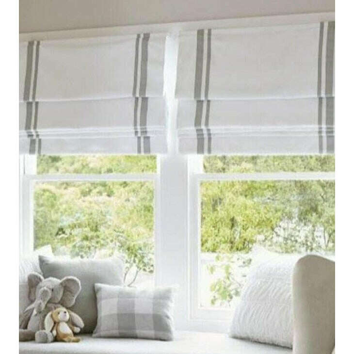 Premium Napa Roman Blinds - White with Gray Green Stripe Window Shades for Living Room & Bedroom | Blackout Light Filtering for Home Decor & Privacy