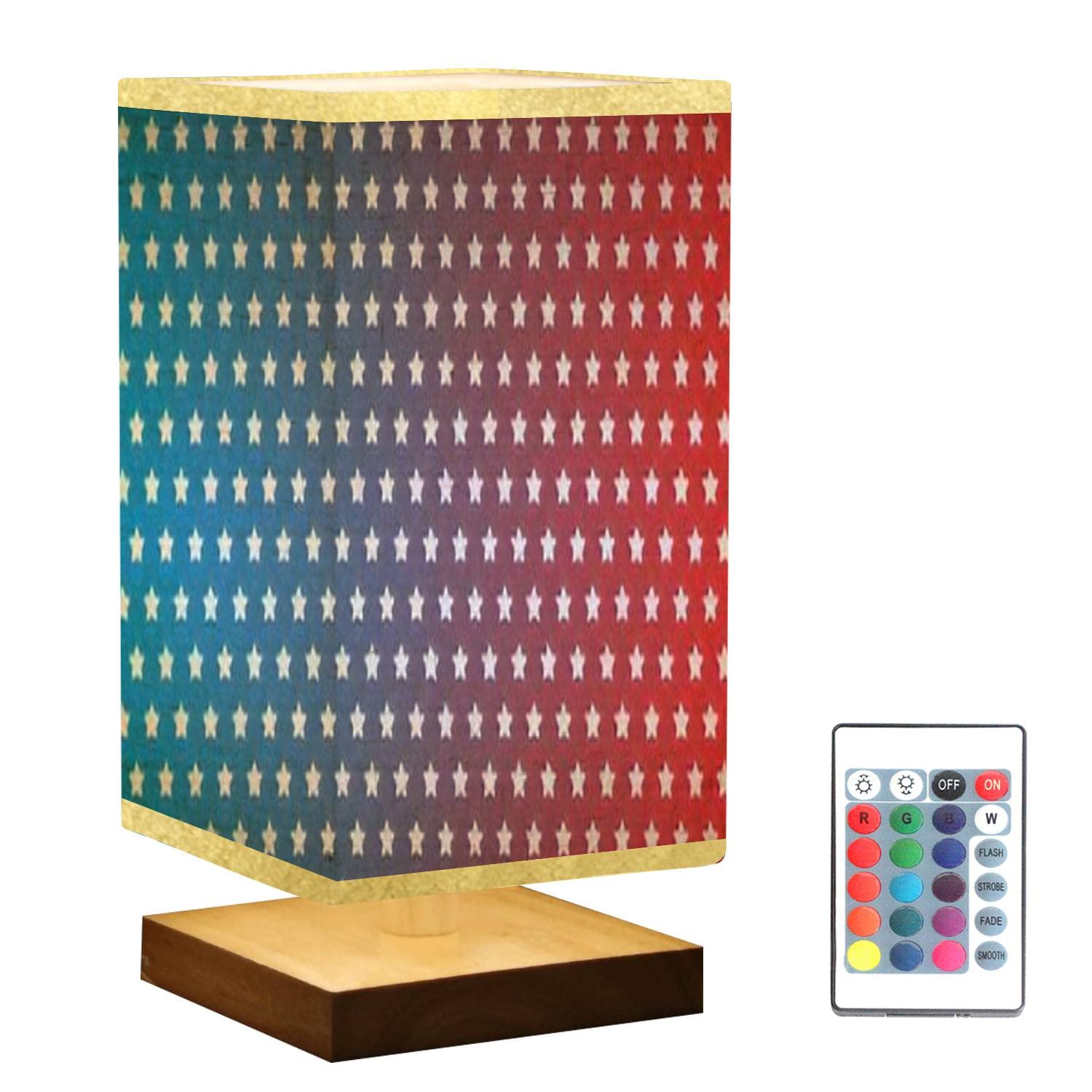 American Flag Square Bedside Table Lamp with Wooden Base & Flaxen Fabric Shade - Dimmable Nightstand Lamp for Bedroom, Living Room, Office | Perfect for Patriotic Home Decor, Cozy Reading Nook & Gift Giving