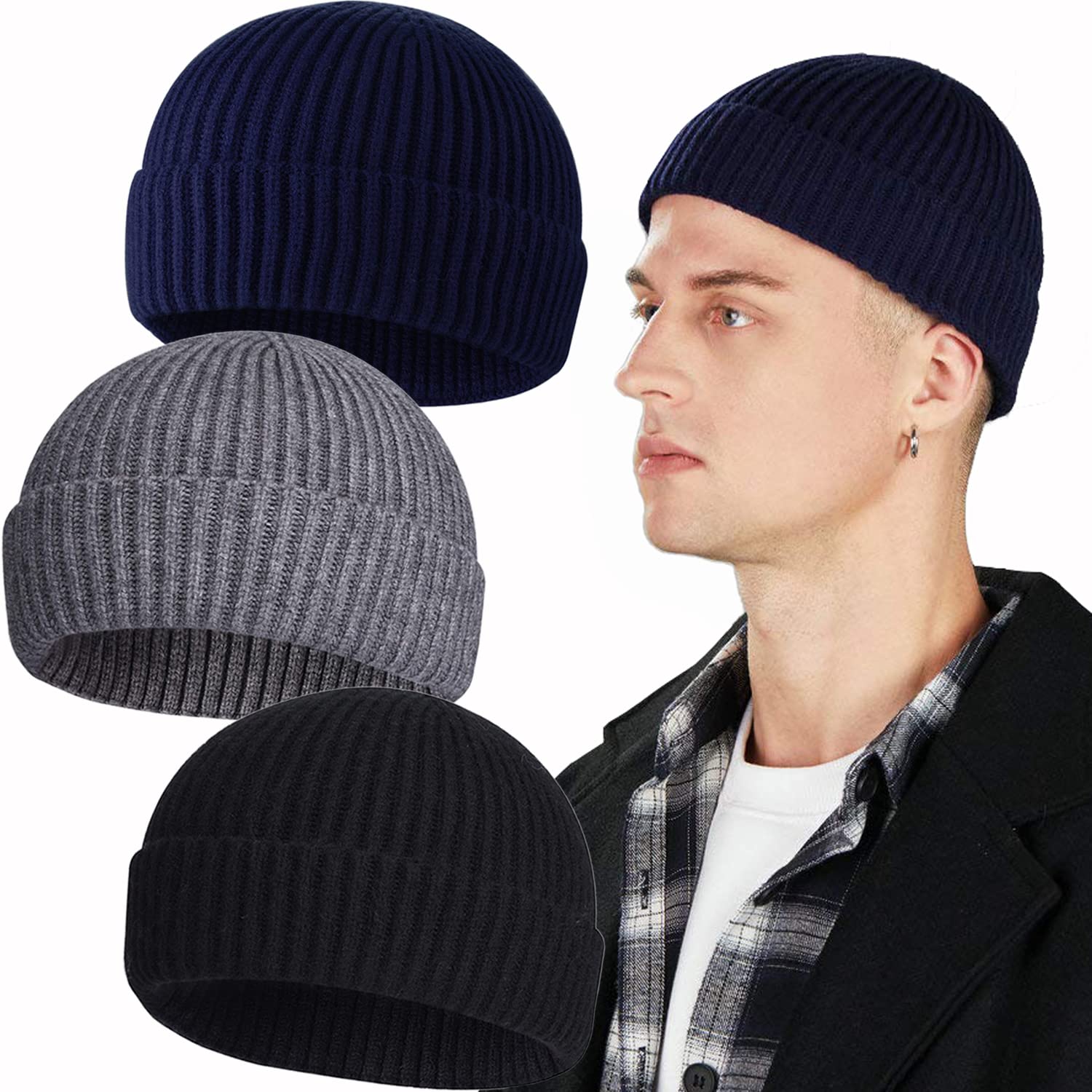 3PCS Wool Knit Fisherman Beanie Hat for Men & Women - Warm Winter Cuffed Hats for Skiing, Snowboarding & Outdoor Activities