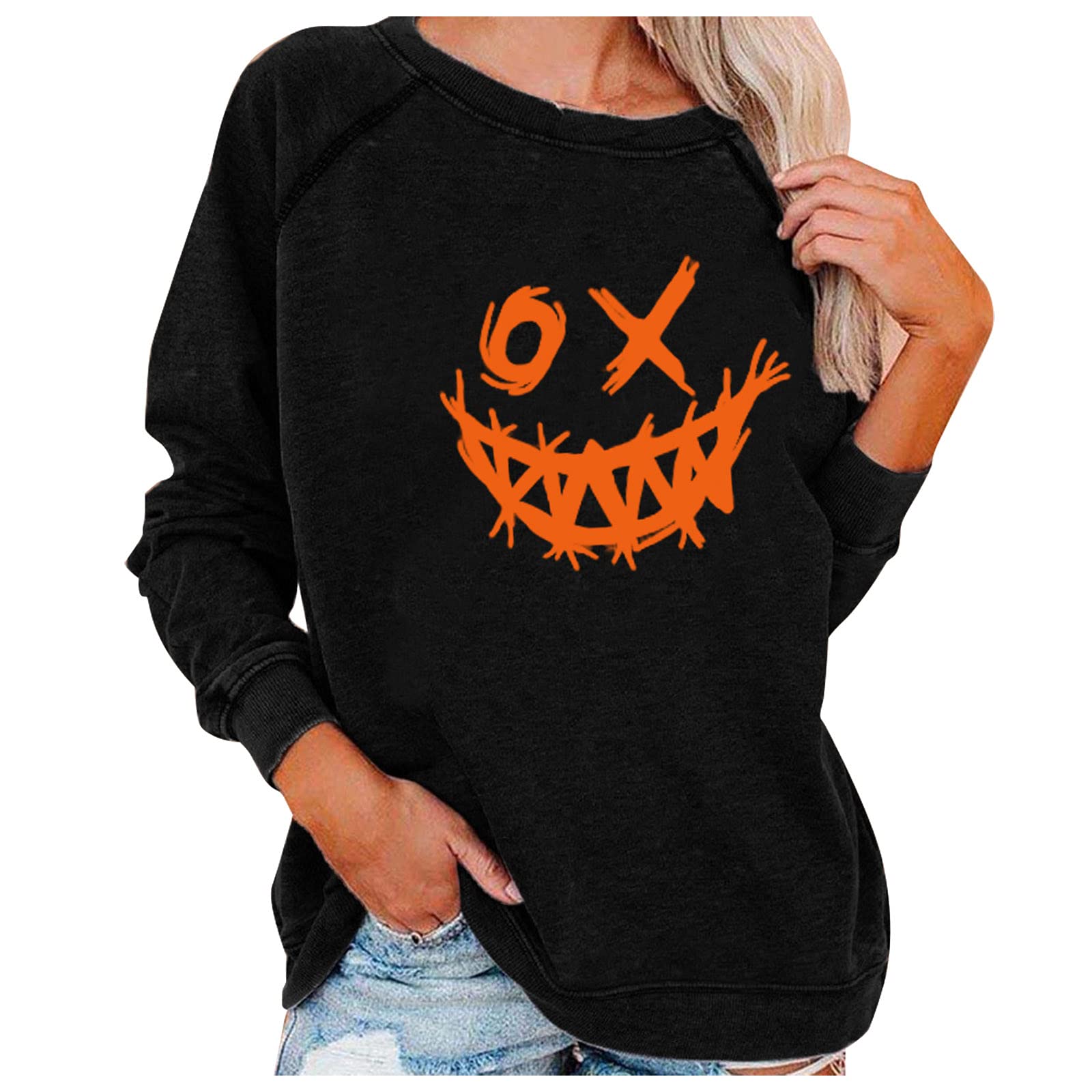 Women's Halloween Pumpkin Print Long Sleeve Sweatshirt - Lightweight Casual Pullover Top for Fall Fashion & Spooky Season Outfits