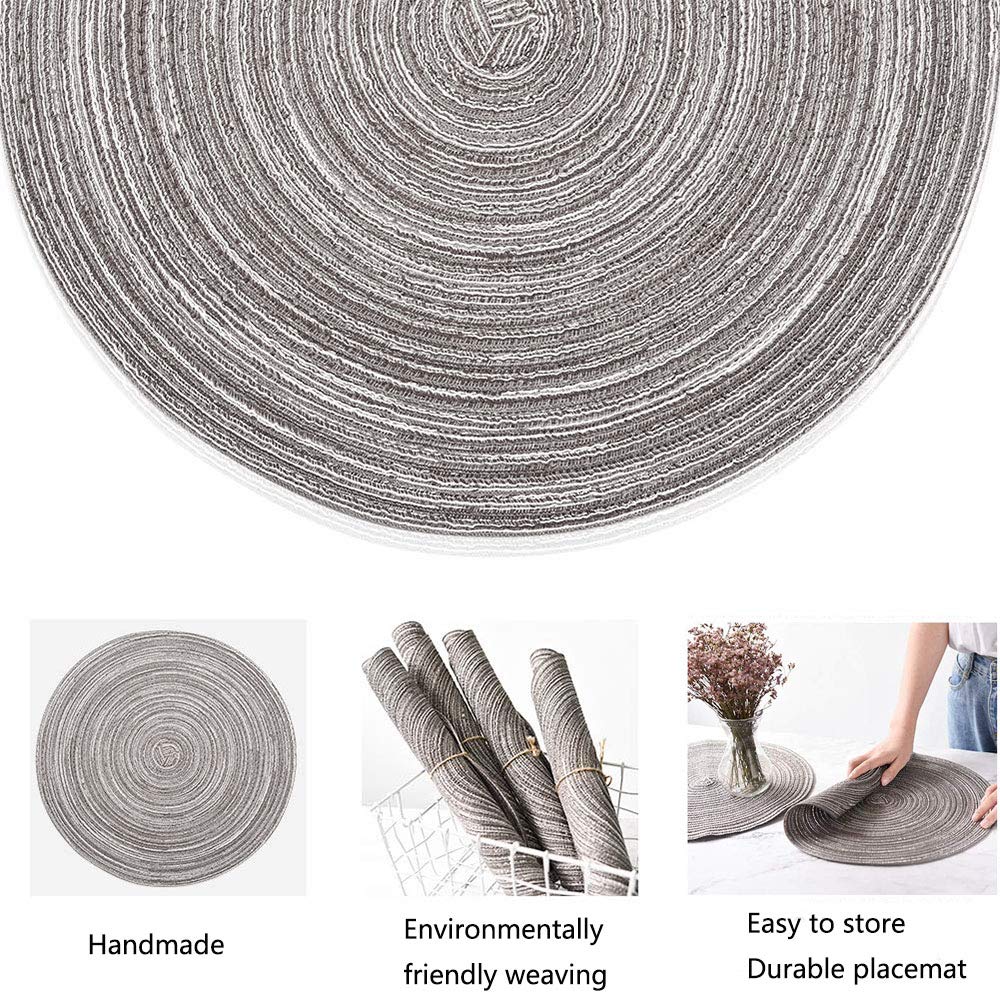 Round Woven Cotton Placemats Set of 4 - 14 Inch Dark Gray Heat Resistant Table Mats for Dining Room, Washable & Reusable - Perfect for Dinner Parties, Family Meals, and Holiday Gatherings