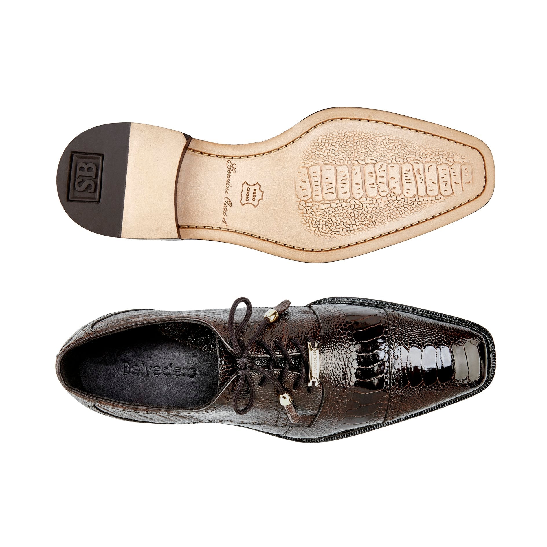 Belvedere Batta Genuine Ostrich Leather Dress Shoes for Men - Chocolate Brown 14006 | Luxury Formal Shoes for Business, Weddings & Special Occasions