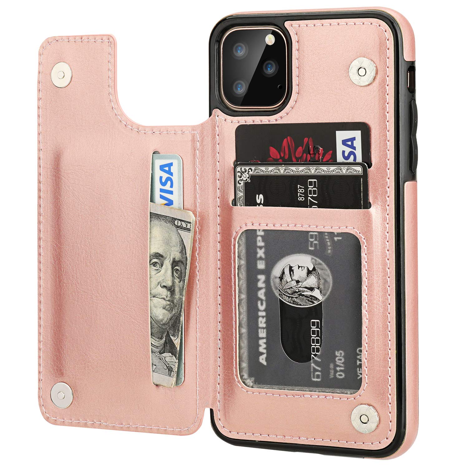 Premium PU Leather Wallet Case for iPhone 11 Pro Max (6.5 Inch) - RFID Blocking Card Holder with Kickstand, Double Magnetic Closure & Shockproof Protection - Rose Gold | Perfect for Business, Travel & Everyday Use