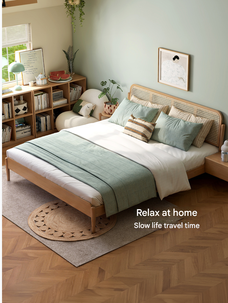 Solid Oak Wood Rattan Bed Frame - Queen Size, Natural Finish - Perfect for Bedroom, Guest Room & Farmhouse Decor
