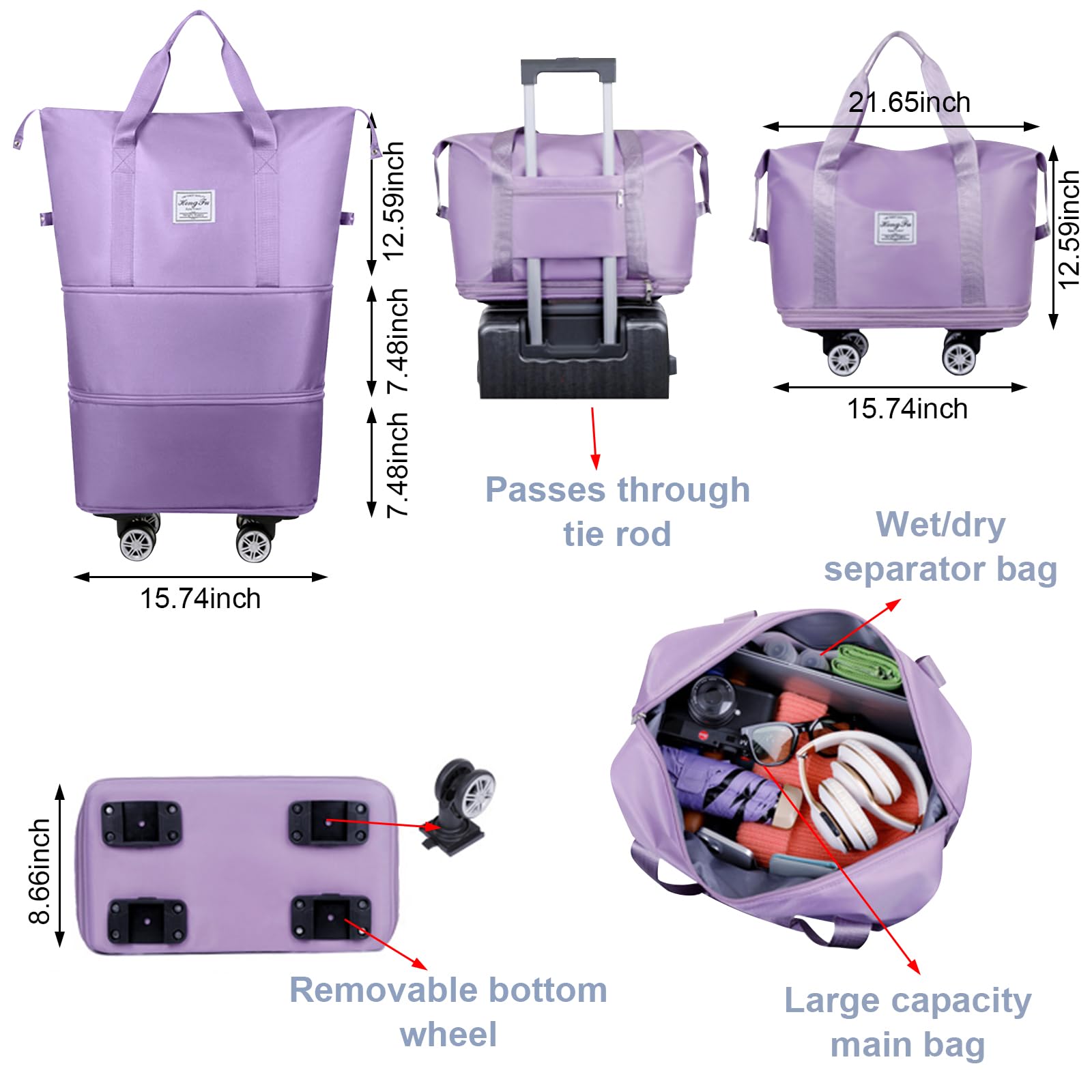 Foldable Expandable Duffel Bag with Detachable Rolling Wheels - Large Carry-on Luggage for Travel, Gym, Camping & Business Trips - Purple Travel Bag for Convenient Packing & Storage