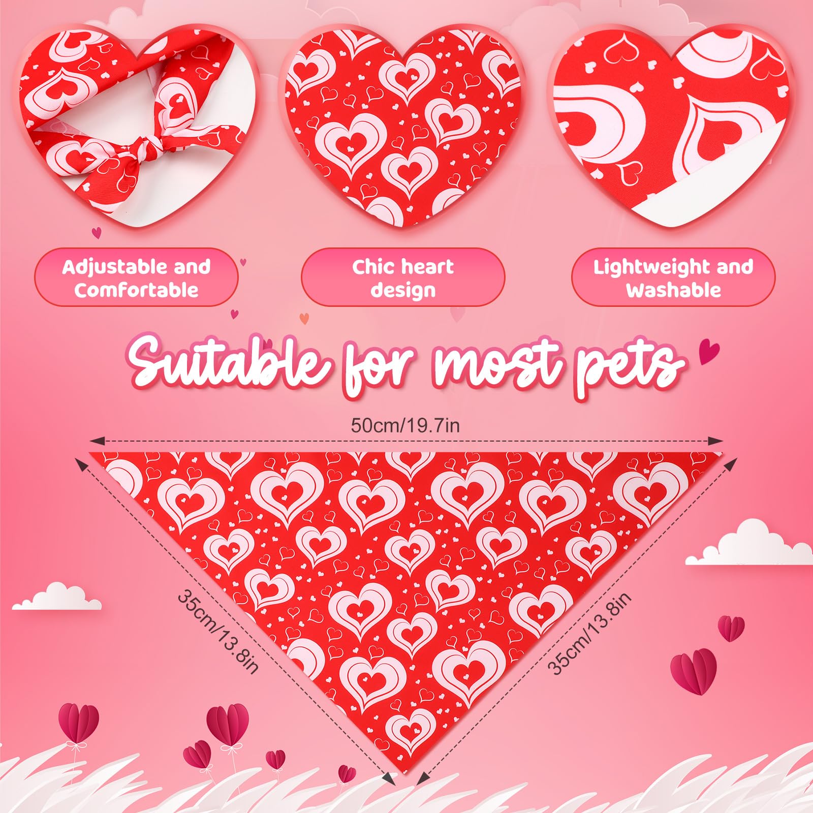 50 Pcs Valentine's Day Dog Bandanas Bulk - Red & Pink Adjustable Triangle Bandana for Small Medium Large Dogs - Soft Bibs Costume Accessories (19.7 x 13.8 Inch) - Perfect for Valentine's Day, Pet Parties & Photo Shoots