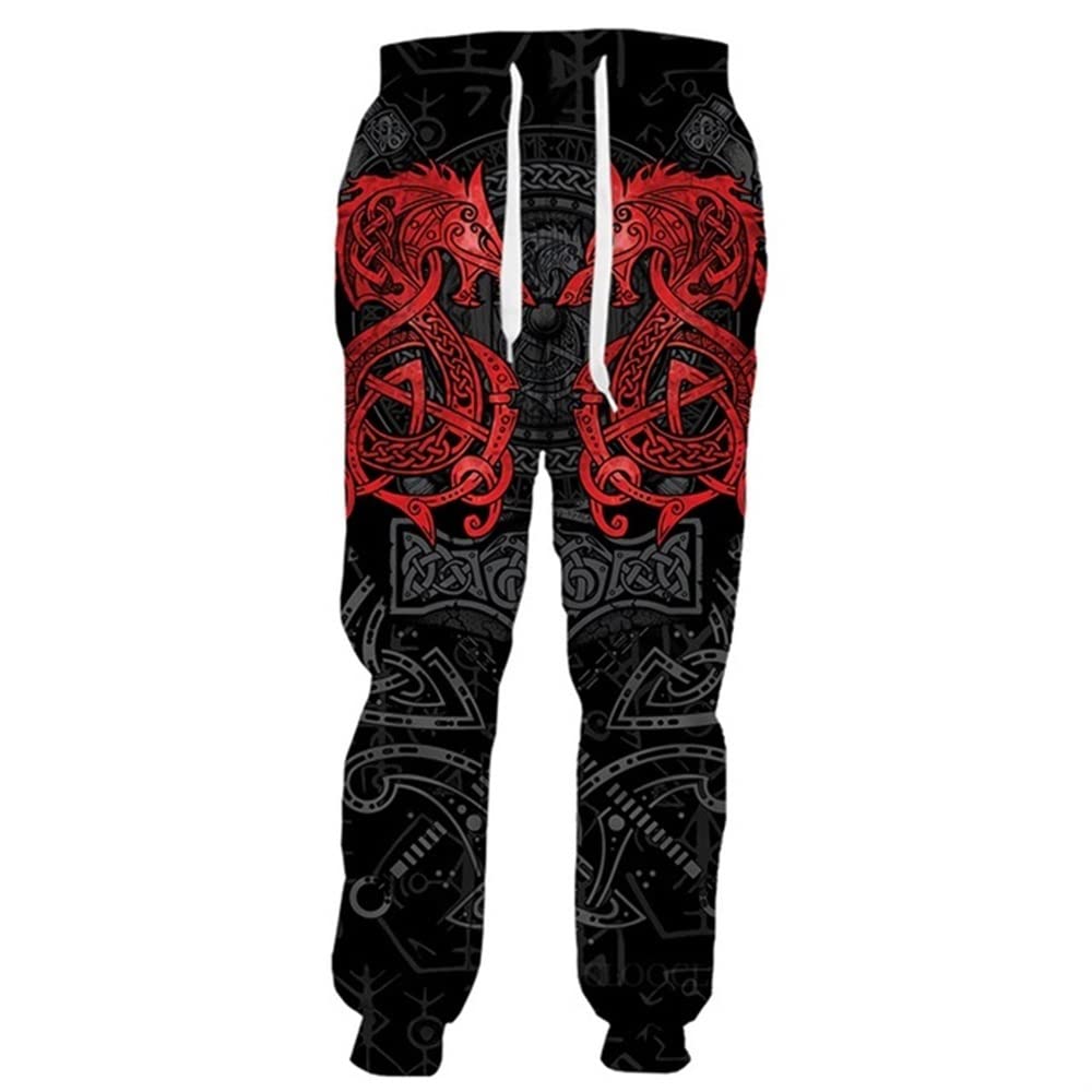 Norse Viking Sweatpants for Men - Dragon Pattern 3D Print Jogger Pants with Pockets | Tall Casual Lounge Pants for Workout, Home, and Outdoor Activities