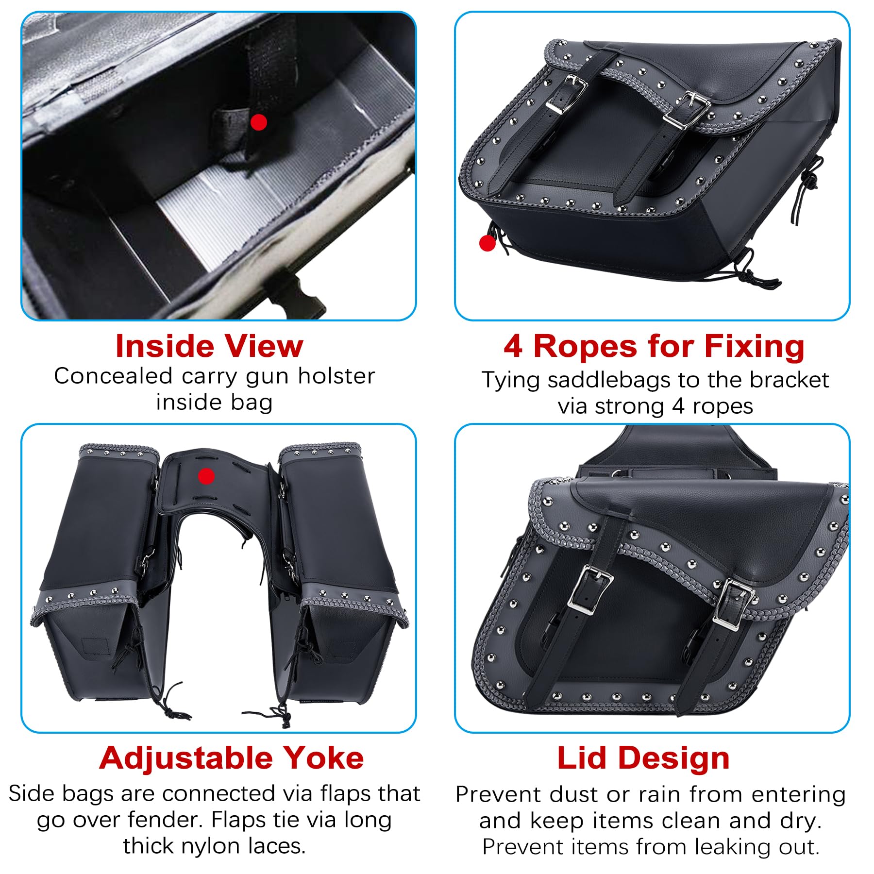 Dream Apparel Faux Leather Motorcycle Saddle Bags - Studded Throw Over Side Bags for Honda Shadow, Sportster, Softail & Dyna - Waterproof PVC Motorcycle Luggage (Black/Grey) - Perfect for Cruiser Rides & Long-Distance Touring