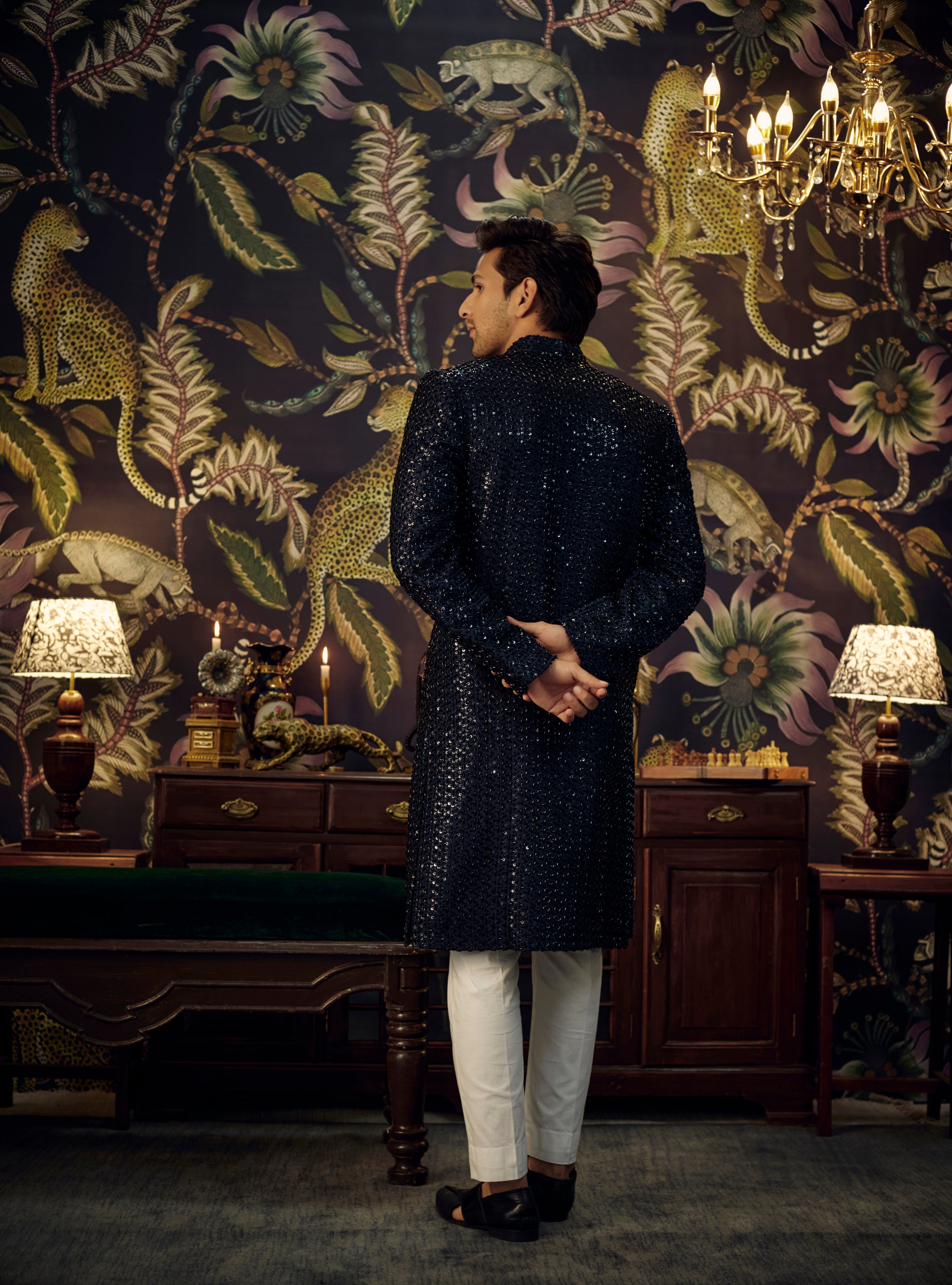 Navy Blue Long Indo Western Dress with Black Cut Dana - Elegant Ethnic Fusion Wear for Parties, Weddings & Festive Occasions
