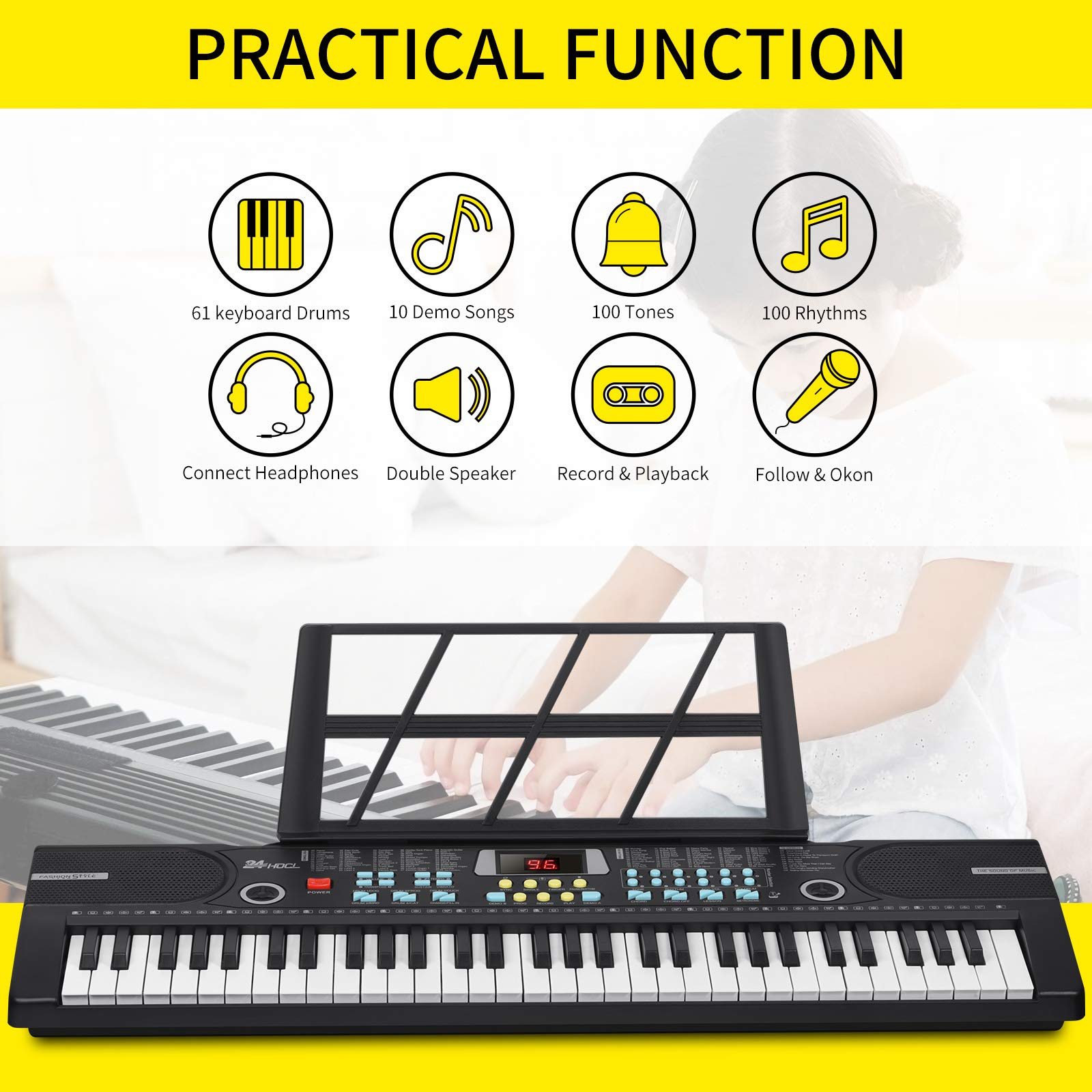 61-Key Lighted Keyboard Piano for Kids - Portable with Stand & Mic, Perfect for Beginners & Gifts