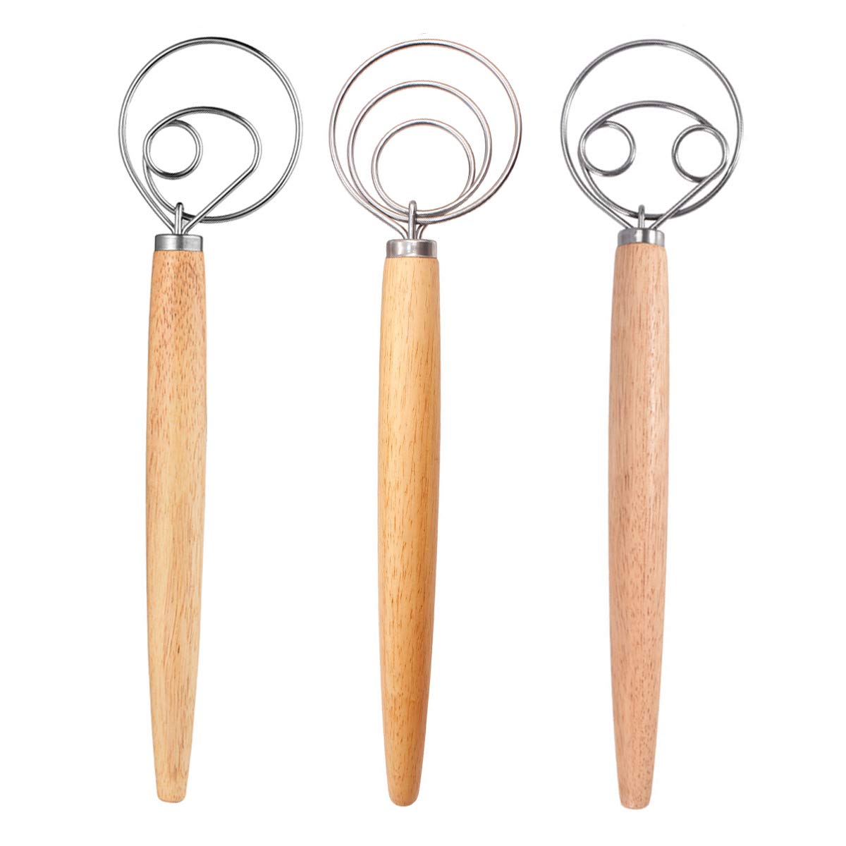 DBAILY 3-Piece Danish Dough Whisk Set - Stainless Steel Pastry Mixer with Wooden Handle for Baking Bread, Cakes, Pies & Pizza - Perfect for Home Bakers & Professional Chefs (Ideal for Sourdough, Desserts, Pastry Making)