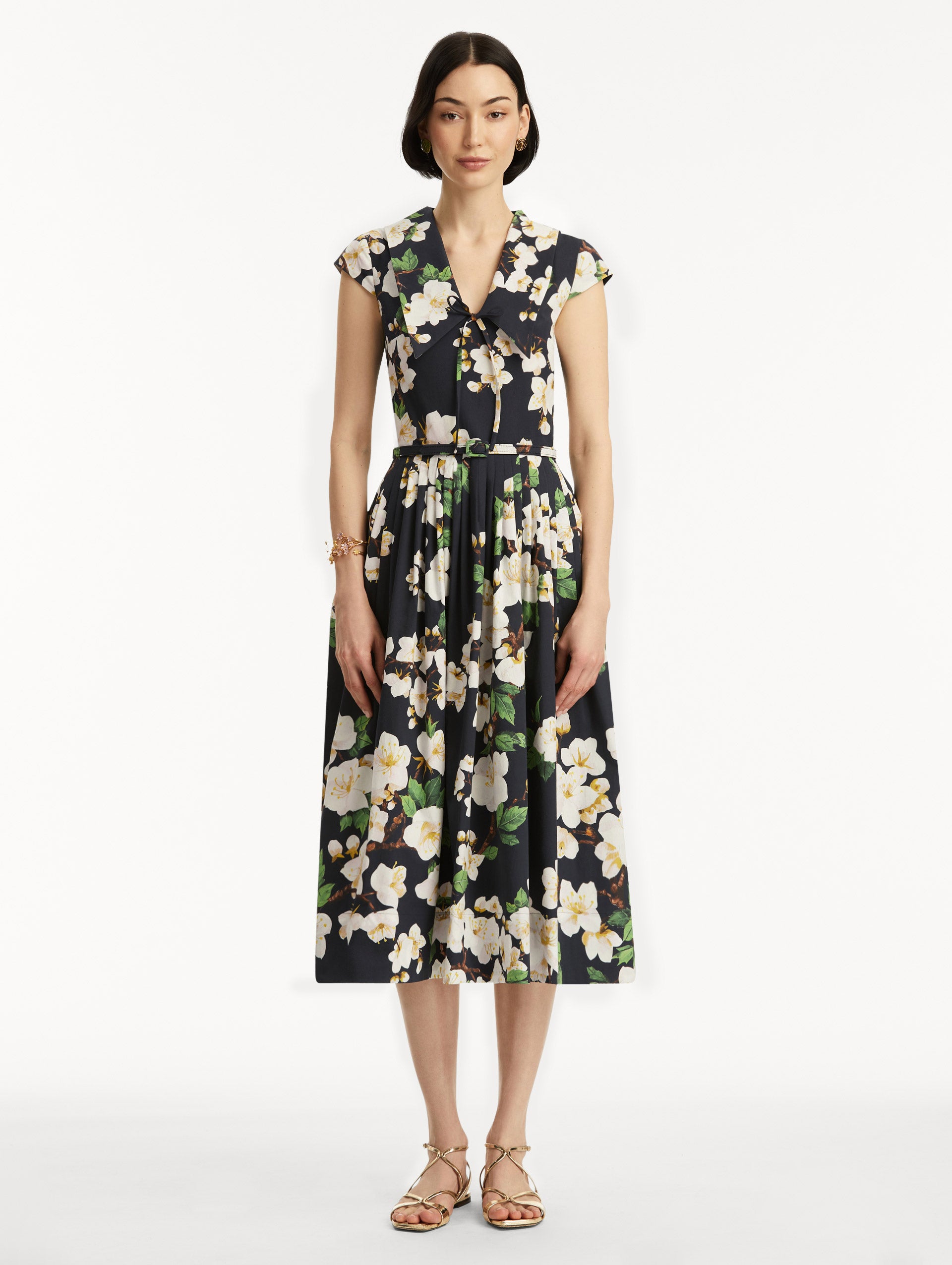 Cherry Blossom Print Cotton Poplin Pleated Dress for Women - Floral Summer Dress for Casual Wear, Picnic, and Spring Outfits
