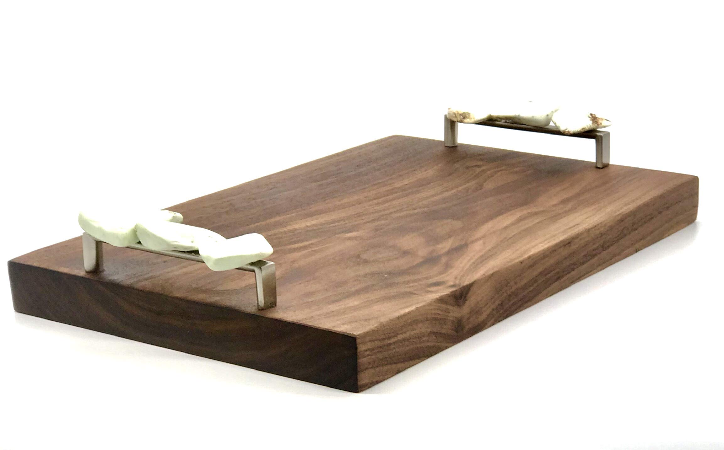 Handcrafted Solid Walnut Wood Serving Tray with Natural Citron Magnesite Gemstone Handles - Perfect for Cheese, Charcuterie, Appetizers & Entertaining | Rustic Kitchen Decor & Wedding Gift Idea