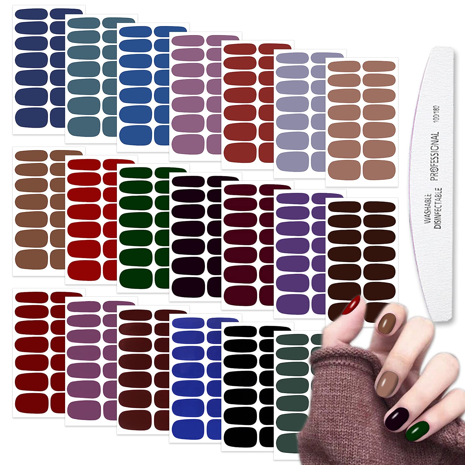 WOKOTO 20 Sheets Dark Solid Color Nail Polish Strips - Self-Adhesive Gel Nail Wraps with Nail File for Women | Punk Rock Nail Art Design for Parties, Concerts & Special Occasions
