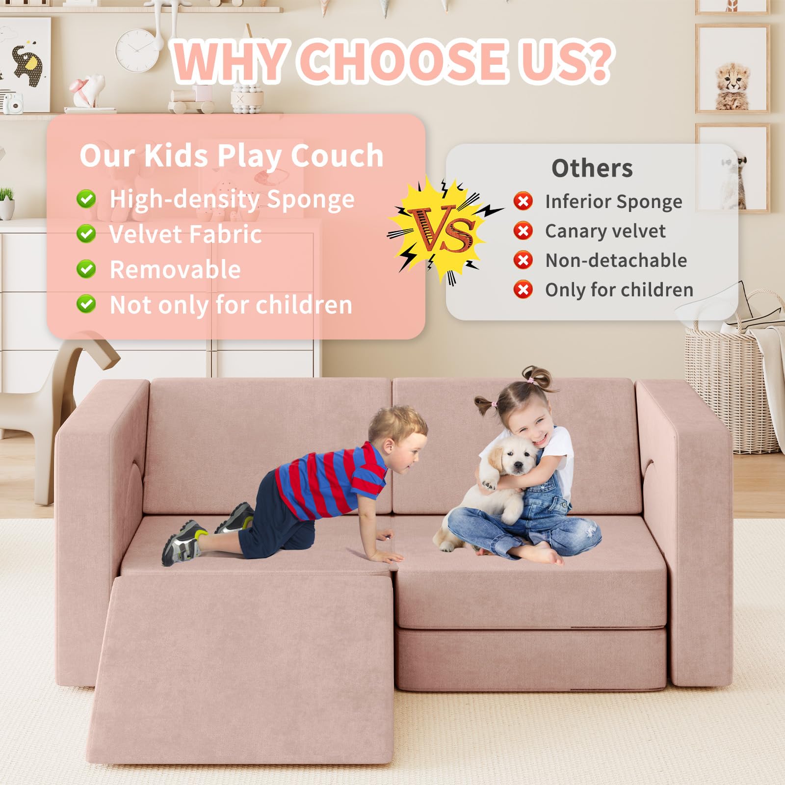 10PCS Modular Kids Play Couch with Climbing Slope - 10-in-1 Convertible Toddler Sofa for Play, Creativity & Nap Time - Soft Indoor Children's Furniture for Boys & Girls (Pink) - Perfect for Playrooms, Bedrooms & Daycare Centers