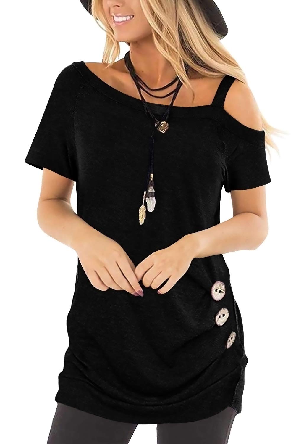 Ladybranch Women's Summer Tops - Casual Stretch Elastic T-Shirts & Cold Shoulder Tunics with Side Buttons | Perfect for Beach Outfits, Vacation Wear & Everyday Casual Style