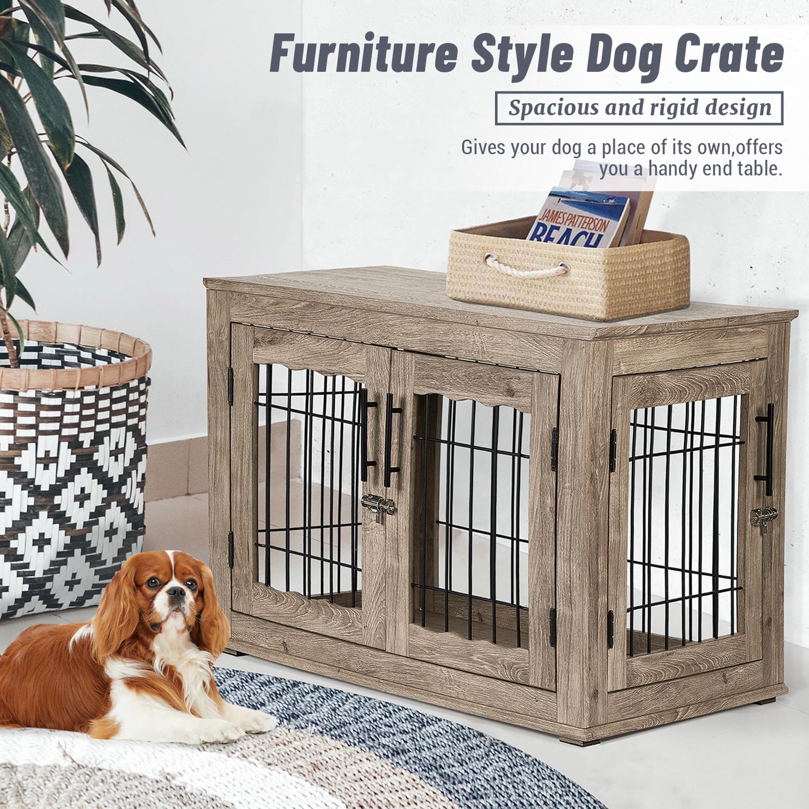 32 Inch Wooden Dog Crate Furniture with Bed Mat - Medium Dog Kennel with 3 Doors, End Side Table Design in Greige | Perfect for Living Room, Bedroom & Home Decor