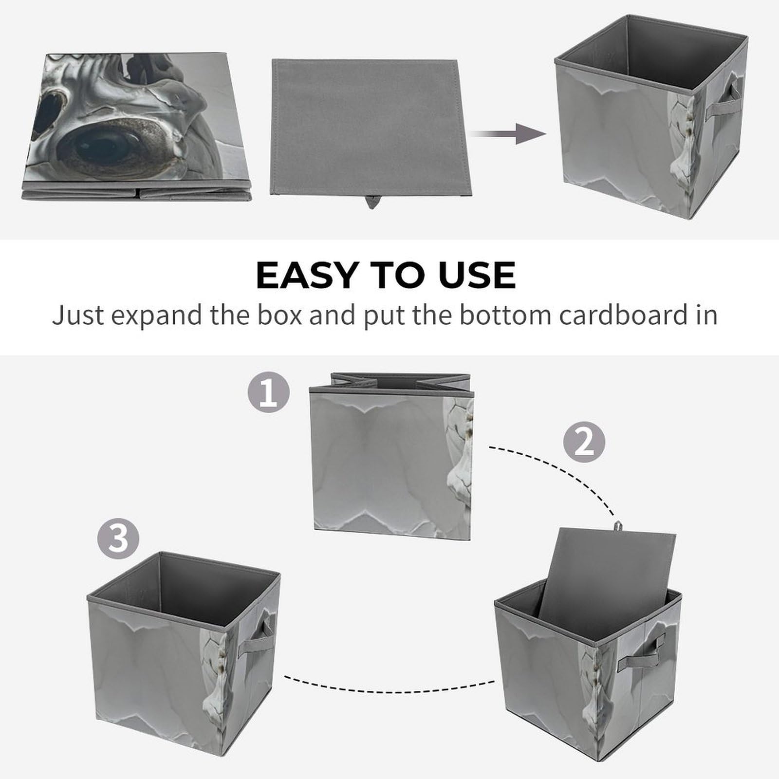 Skull Pattern Storage Bins - Large Collapsible Closet Organizer with Handles (10.6x10.6x10.6 Inch) - Gray & White Storage Cubes for Home, Office, Bedroom, Kids Room Organization