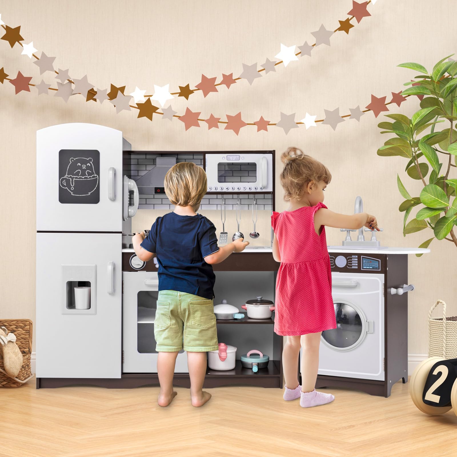 Costzon 2-Piece Wooden Play Kitchen Set with Washing Machine, Range Hood & Ice Maker - Interactive Kids Pretend Kitchen Toy with Sounds, Lights, Blackboard & Telephone - Ideal Gift for Toddlers Ages 3+ (Brown) - Perfect for Imaginative Play, Role-Playing & Early Learning at Home or Preschool
