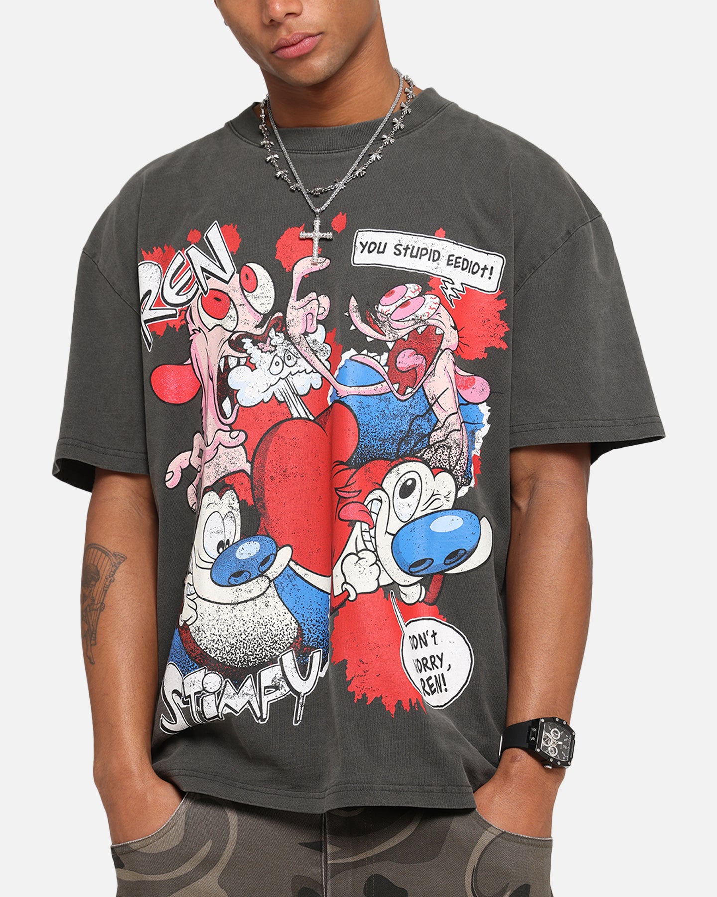 Vintage Nickelodeon Ren & Stimpy Graphic T-Shirt - Black Distressed Wash - Retro Cartoon Tee for Men & Women - Perfect for Casual Wear, Cosplay & 90s Nostalgia Fans