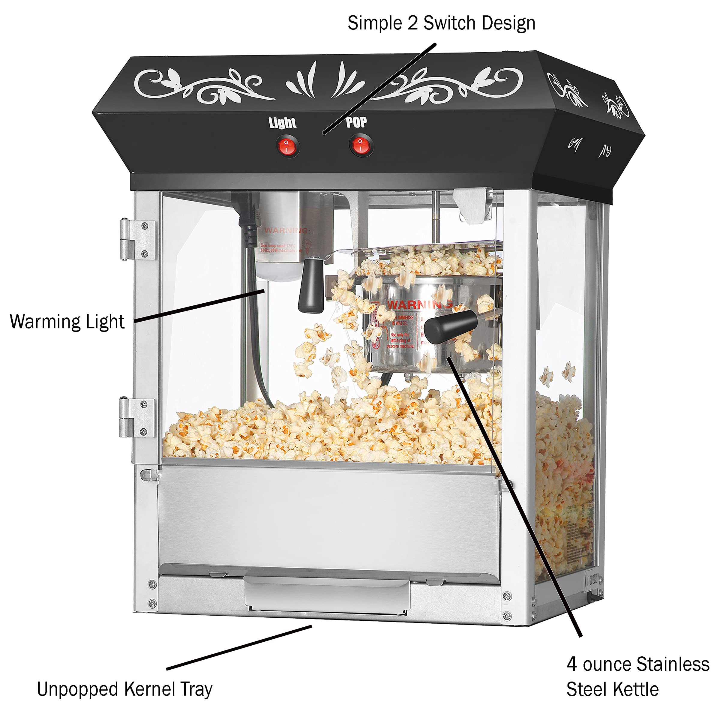 Great Northern Popcorn Machine - 4oz Commercial Popcorn Popper with Stainless Steel Kettle, Heated Warming Deck & Old Maids Drawer (Black) - Perfect for Movie Nights, Parties & Concession Stands