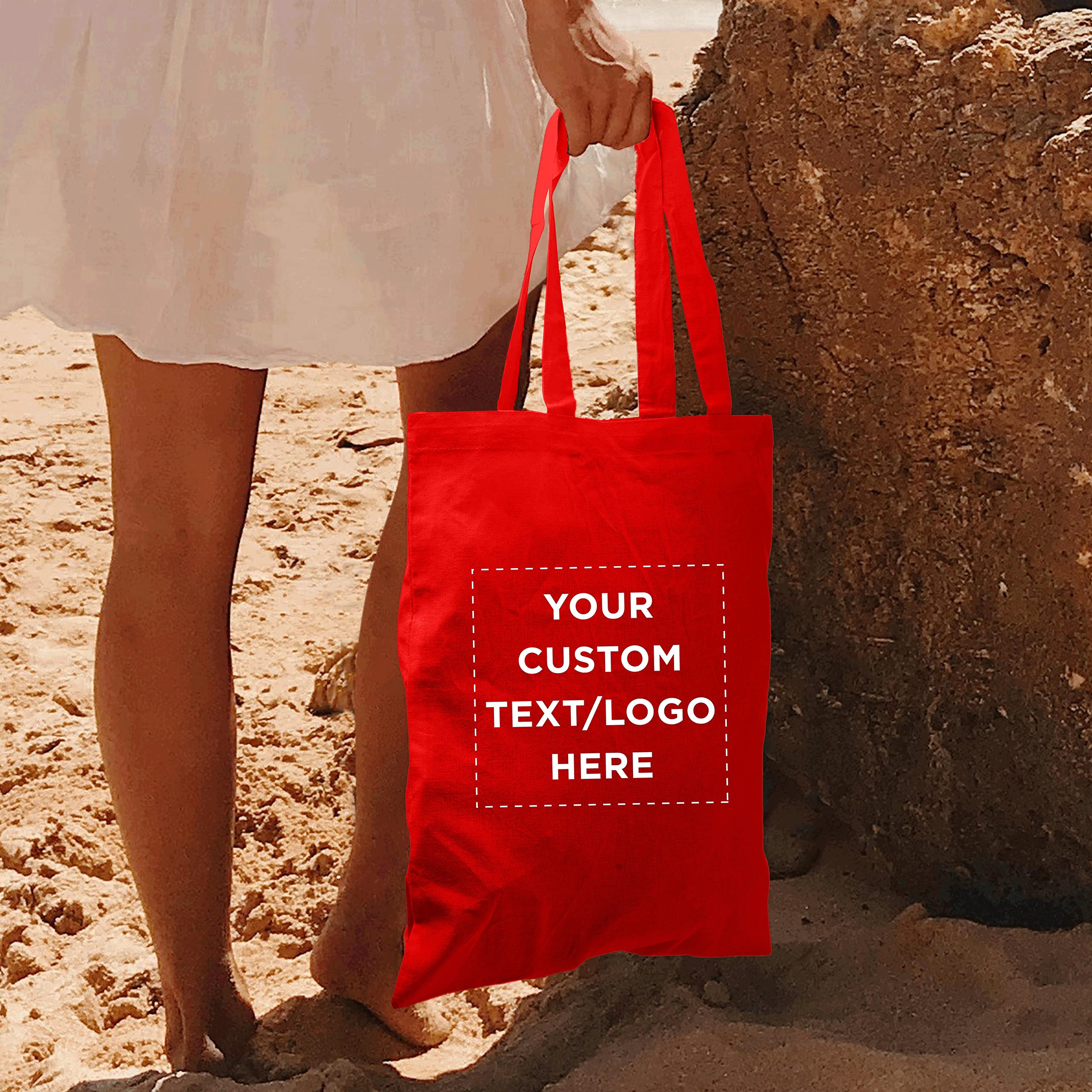 Custom Cotton Canvas Tote Bags Bulk Pack - 100 Reusable Eco-Friendly Shopping Bags with Personalization Option | Perfect for Grocery, Beach, Picnic, Wedding Favors & Promotional Events (Red)