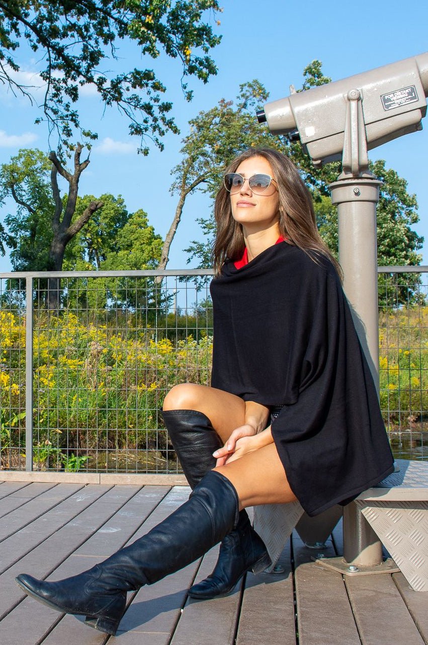 Luxury Black Cotton Cashmere Poncho Shawl Wrap - Soft & Warm Winter Scarf for Women - Perfect for Office, Travel & Outdoor Activities