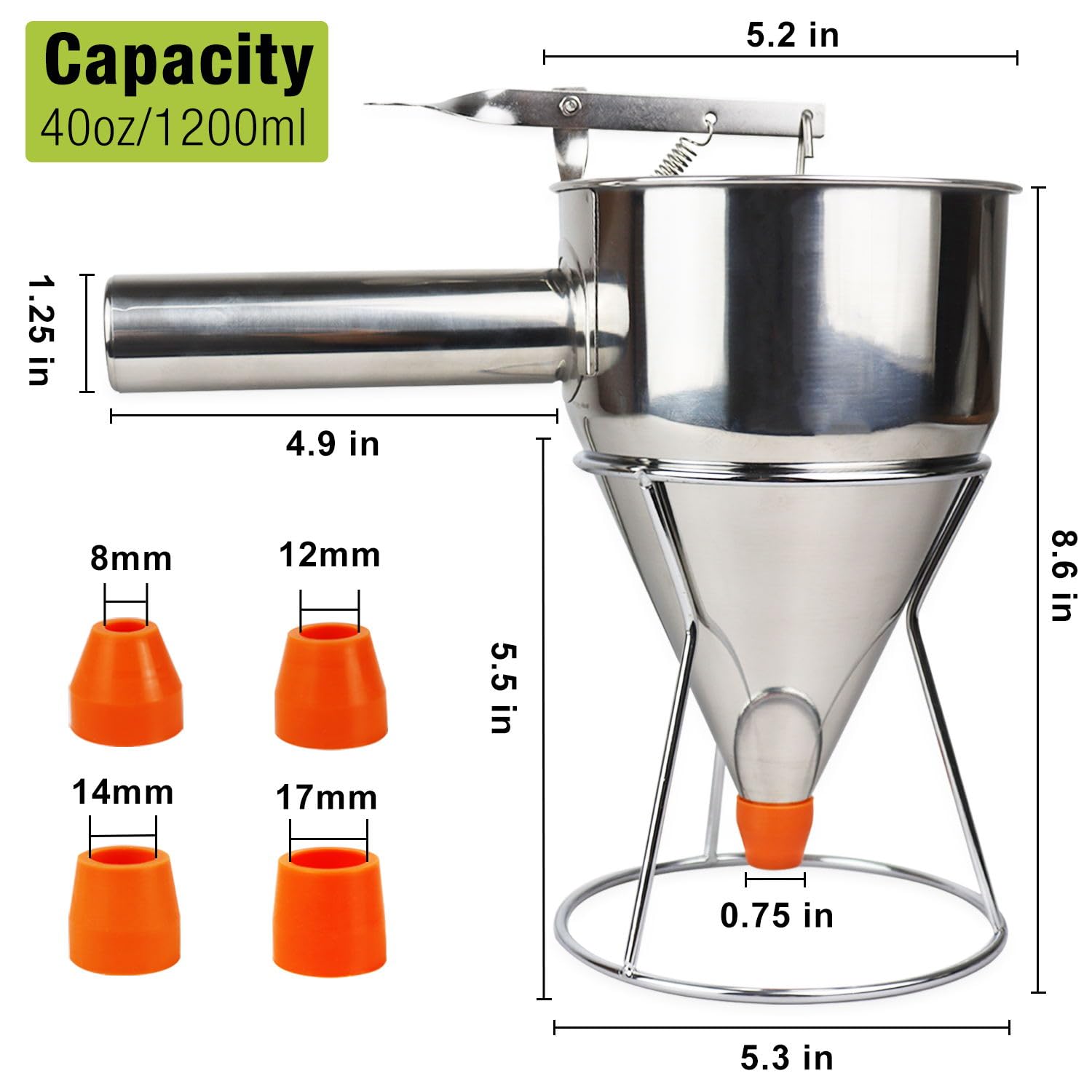 40oz Stainless Steel Pancake Batter Dispenser - Large 1200ml Funnel Cake Pourer with Stand | Commercial & Home Kitchen Use for Pancakes, Crepes, Waffles & Baking