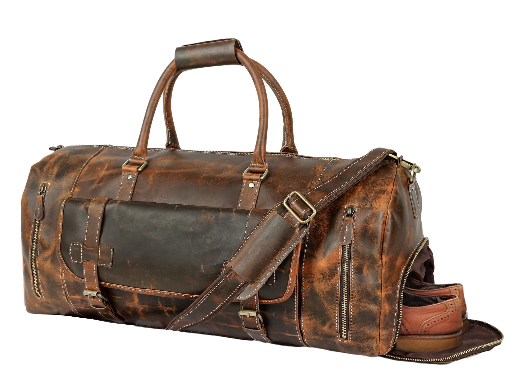 Vintage Leather Men's Travel Duffle Bag with Shoe Compartment - Gym Sports Overnight Weekender Luggage in Brown | Perfect for Business Trips, Gym Workouts & Weekend Getaways