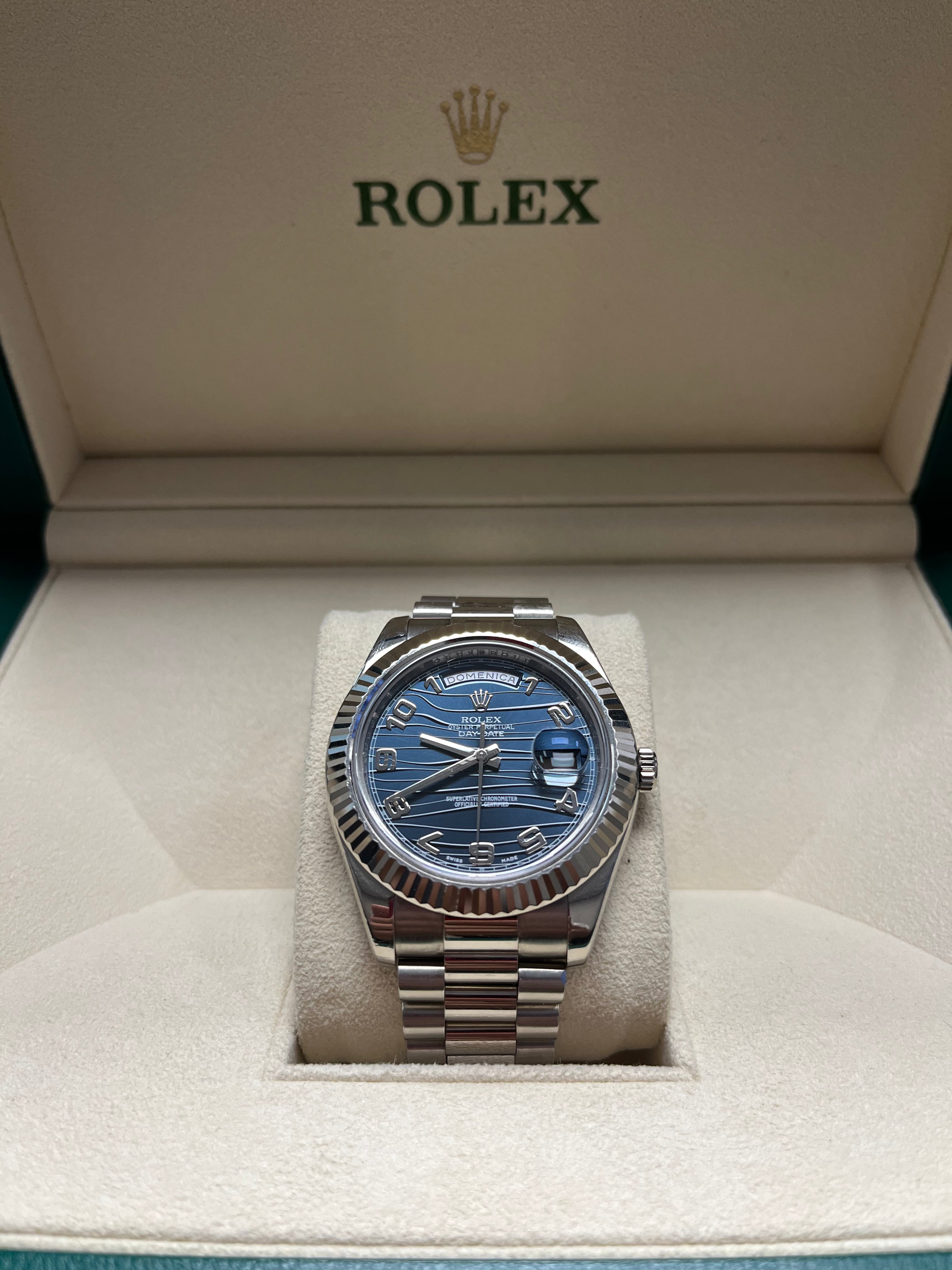 Authentic Rolex Day Date II 18kt White Gold President Watch with Blue Wave Dial Ref 218239BLWAP - Luxury Dress Watch for Business Meetings & Formal Events