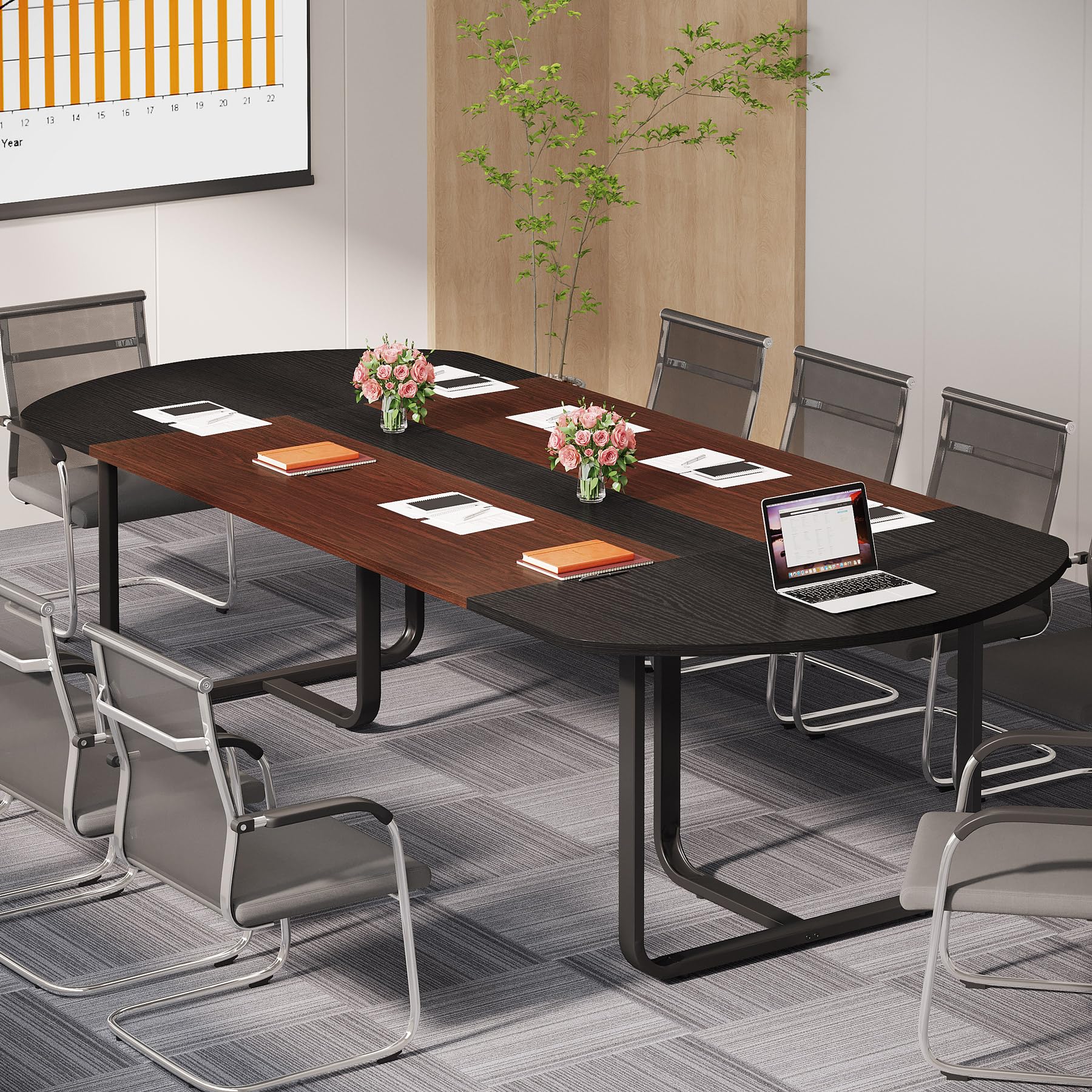Tribesigns 6FT Modern Oval Conference Table - Walnut & Black Large Meeting Room Table for Office, Seminar & Team Collaboration | Perfect for Boardrooms, Training Sessions & Professional Workspaces