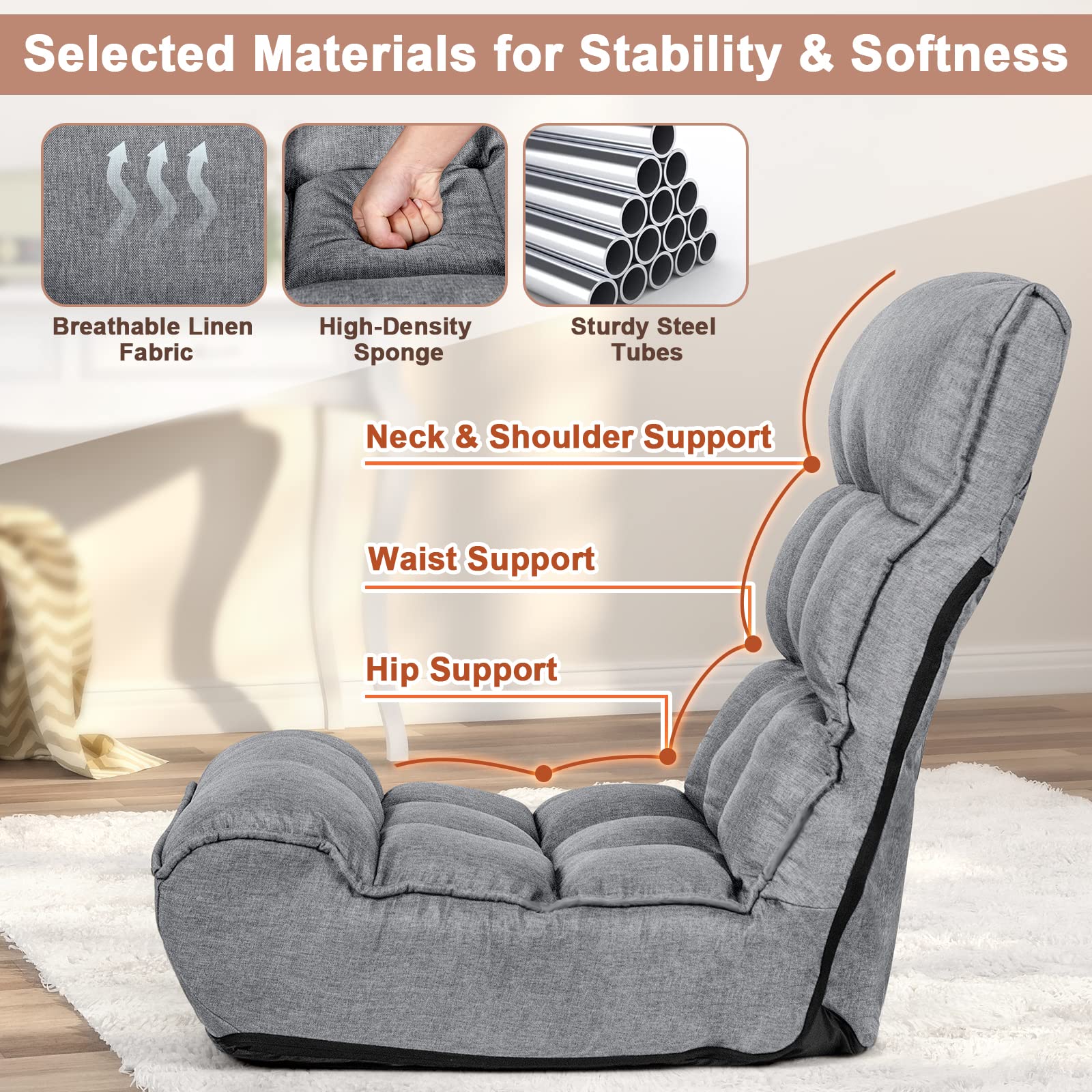 AFSTAR Adjustable Floor Gaming Chair with Headrest & Backrest - 5-Position Reclining, Thick Cushion & Side Pocket - Comfortable Folding Seat for Living Room, Bedroom, Dorm - Perfect for Gaming, Reading & Relaxing