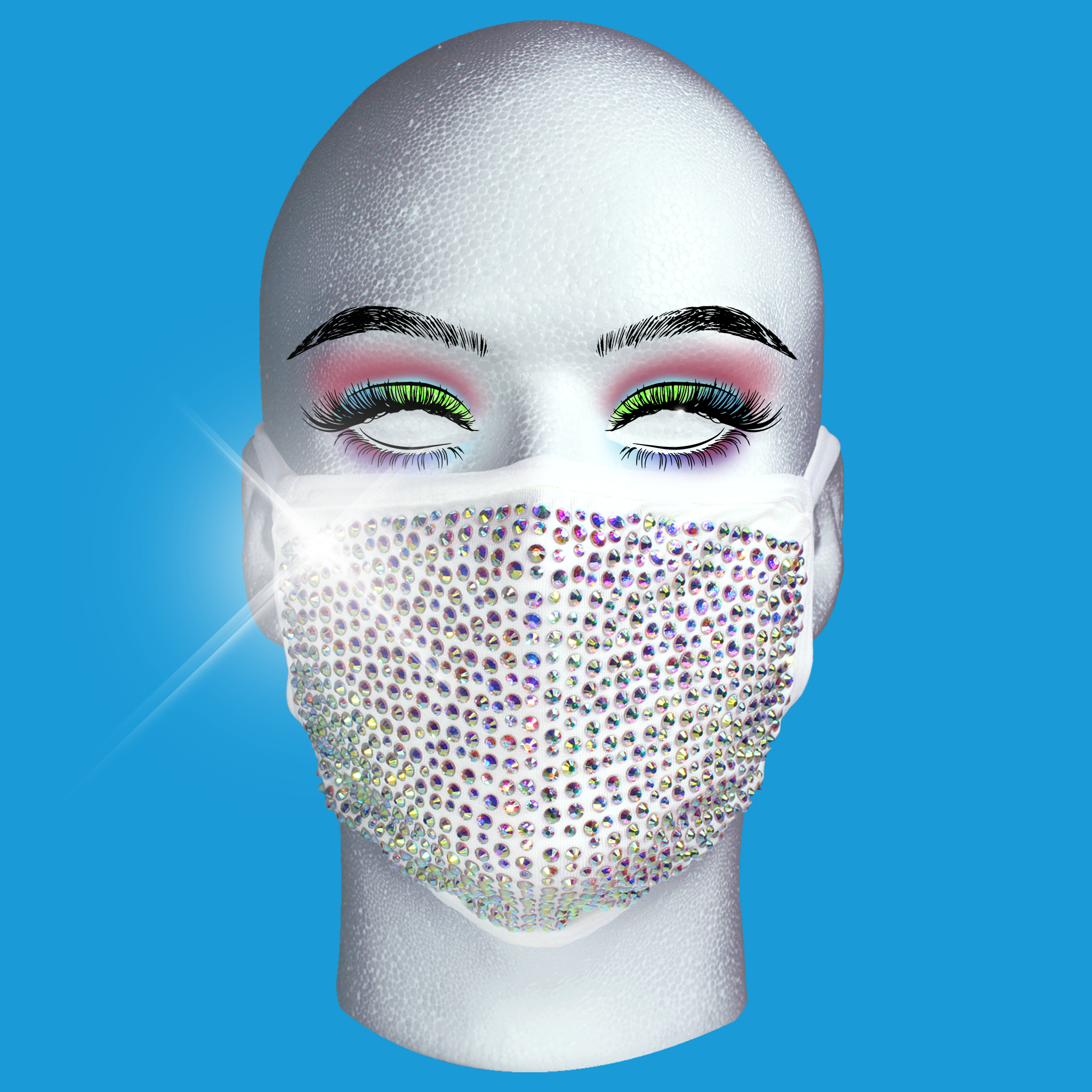 Sparkling Rhinestone Face Mask with Rainbow Crystals - Elegant White Glitter Mask for Parties, Weddings & Special Events | Fashionable & Comfortable Protective Accessory