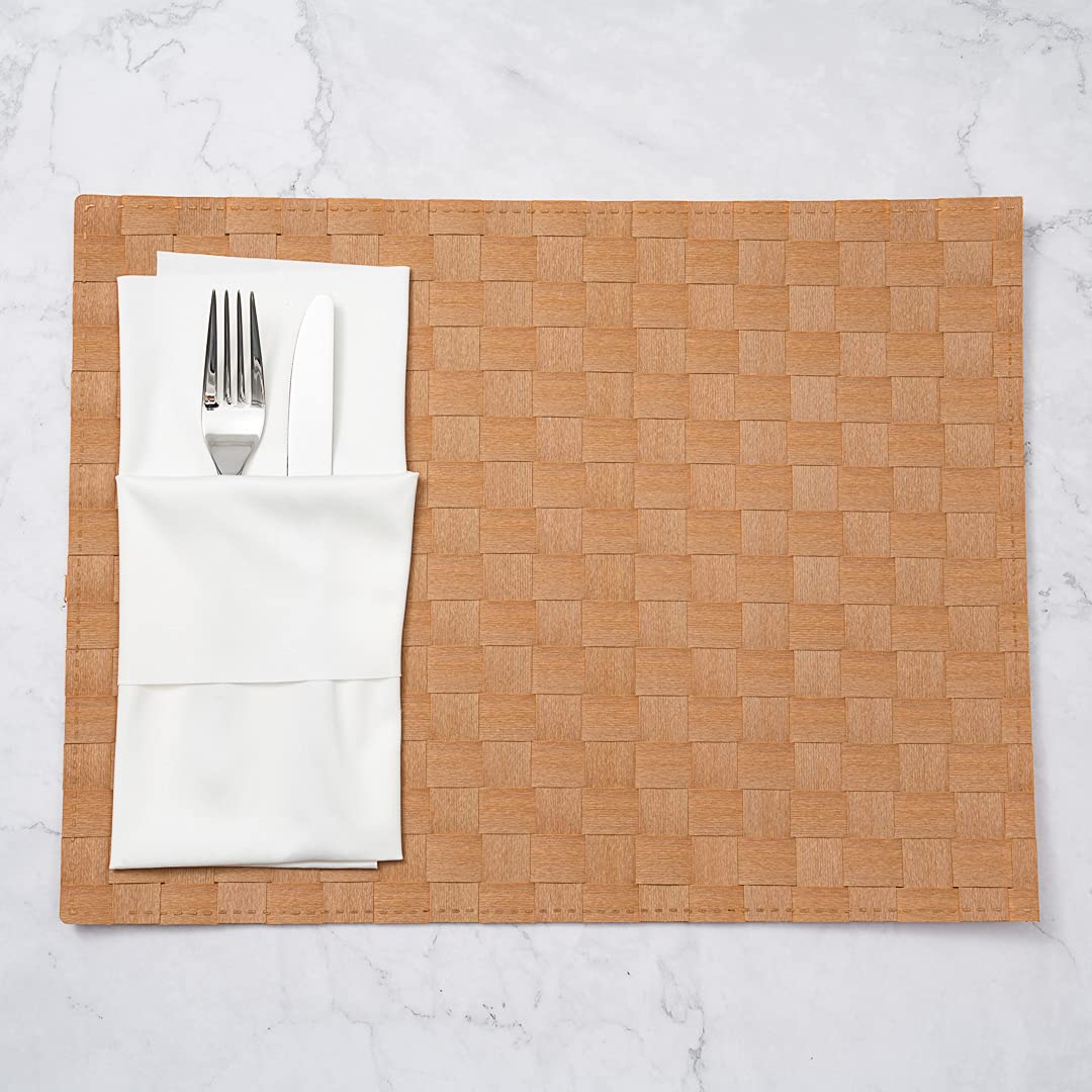 Restaurantware Macroweave 16 x 12 Inch Woven Placemats Set of 6 - Durable Gold Plastic Table Mats for Dining, Easy to Clean Rectangle Placemats for Home & Restaurant Use - Perfect for Everyday Meals, Dinner Parties & Holiday Gatherings