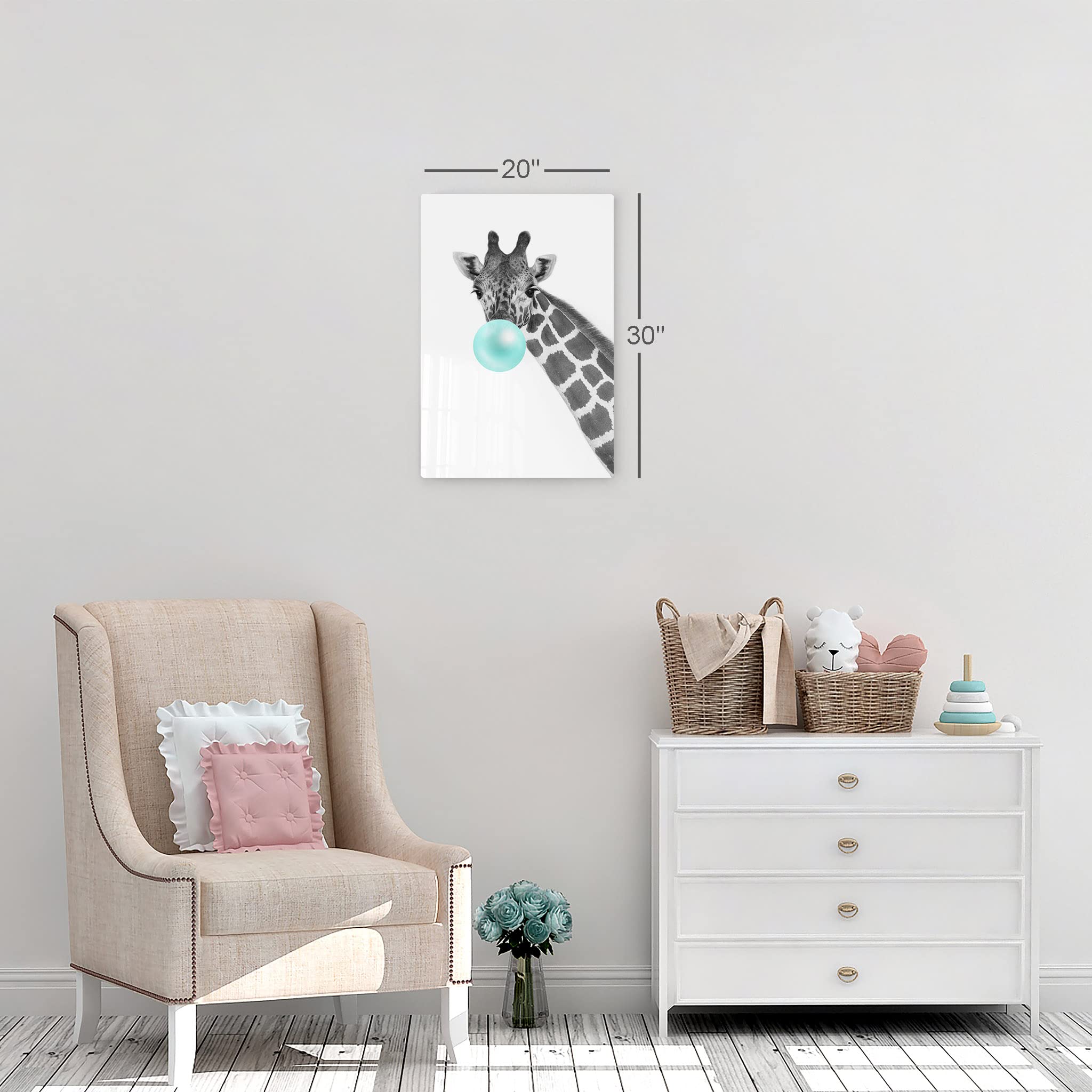 Giraffe Animal Bubble Gum Pop Art Metal Print - Turquoise Teal Blue Wall Decor for Living Room, Kids Room & Nursery - Ready to Hang 24x16 Inch - Made in USA | Unique Home Decor & Gift Idea for Animal Lovers