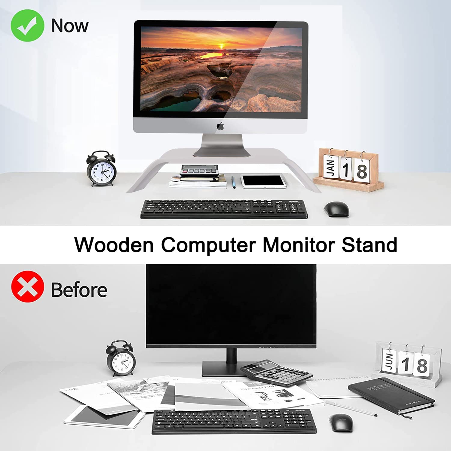 Premium Oak Wood Computer Monitor Stand - Ergonomic Laptop & Notebook Riser for MacBook, PC & Desktop Accessories - Perfect for Home Office, Gaming Setup & Workspace Organization (White Finish)