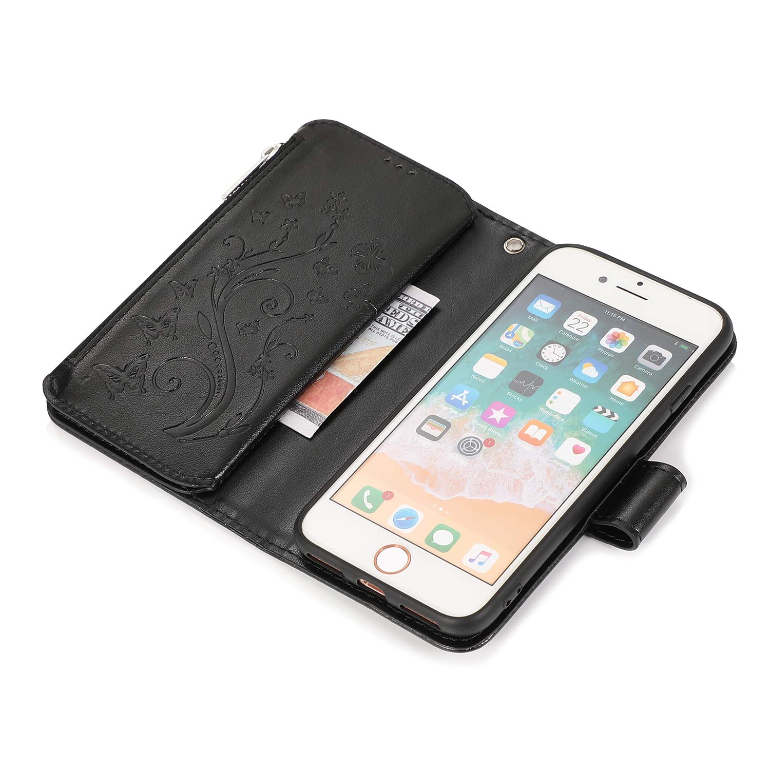 Premium PU Leather Magnetic Wallet Case for iPhone SE 2022/SE3/iPhone 8/iPhone 7/iPhone SE 2020/SE2 - Shockproof Flip Cover with Zipper Pocket, Card Slots & Kickstand (Black) | Perfect for Travel, Work & Everyday Use