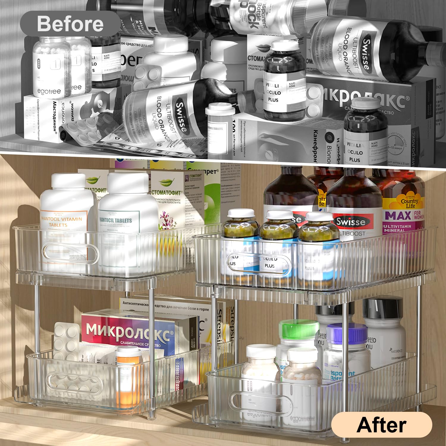 2-Pack Clear Under Sink Organizer with Movable Dividers - 2-Tier Pull-Out Bathroom & Kitchen Storage Cabinet for Medicine, Pantry & Bath Essentials - Perfect for Small Space Organization in Bathrooms, Kitchens & RVs