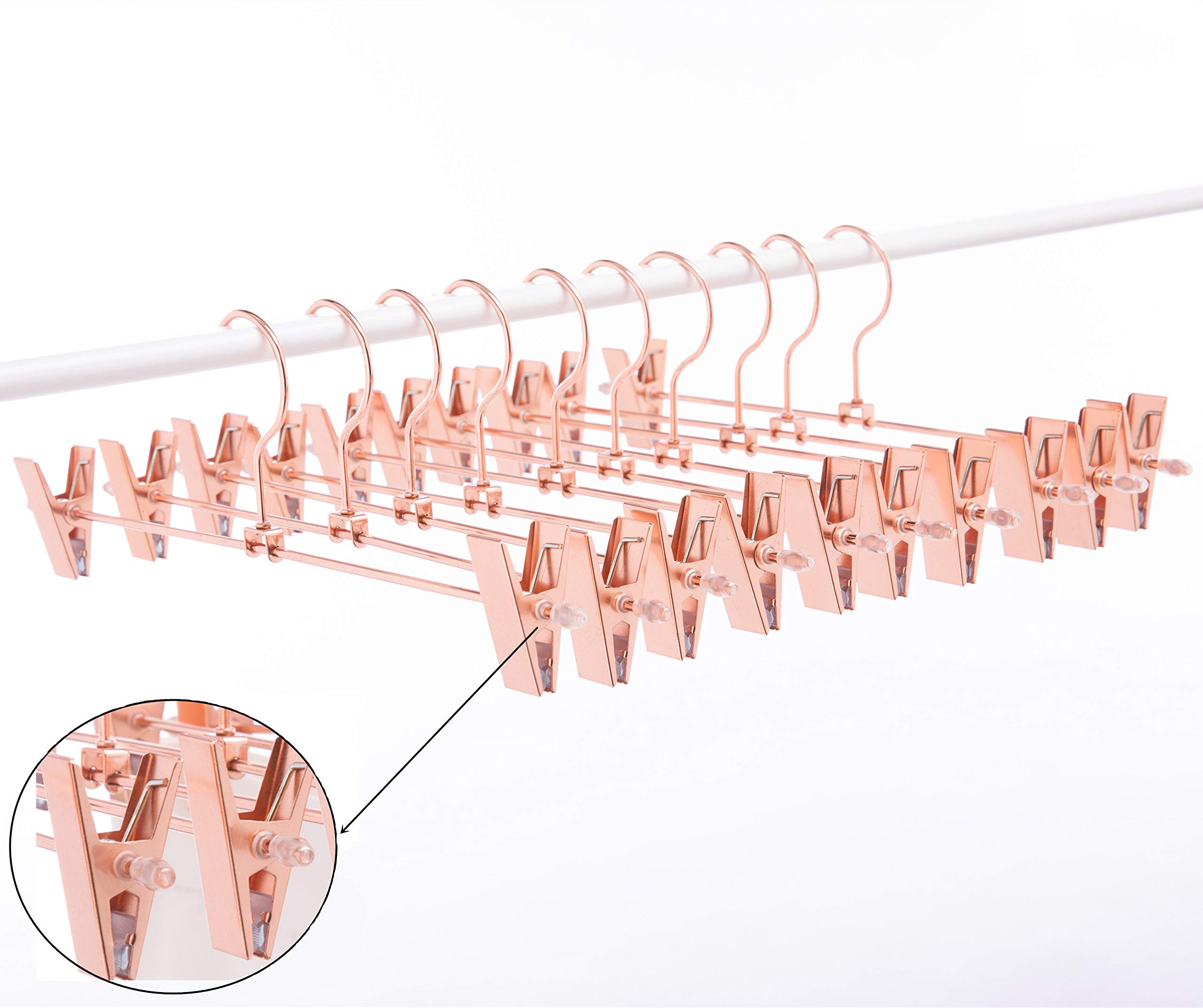 13 Inch Heavy Duty Rose Gold Stainless Steel Slack Hangers - 20 Pack Adjustable Pants & Skirt Hangers with Non-Slip Clips (Rose Gold) - Perfect for Closet Organization, Laundry Room & Travel Packing