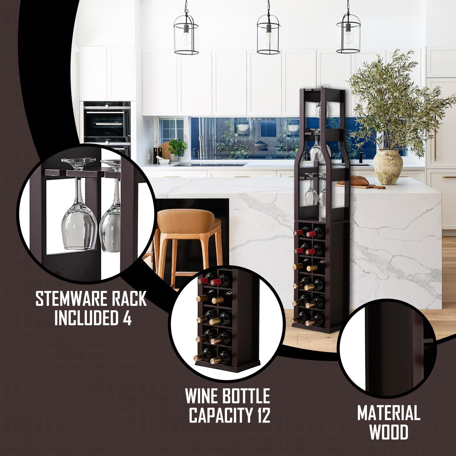 Kings Brand Granger Freestanding Wine Rack with Glass Holder - 12 Bottle Capacity & 3 Stemware Racks - Dark Cherry Wood Floor Standing Wine Storage for Home Bar, Kitchen, Dining Room - Perfect for Wine Enthusiasts & Entertaining Guests