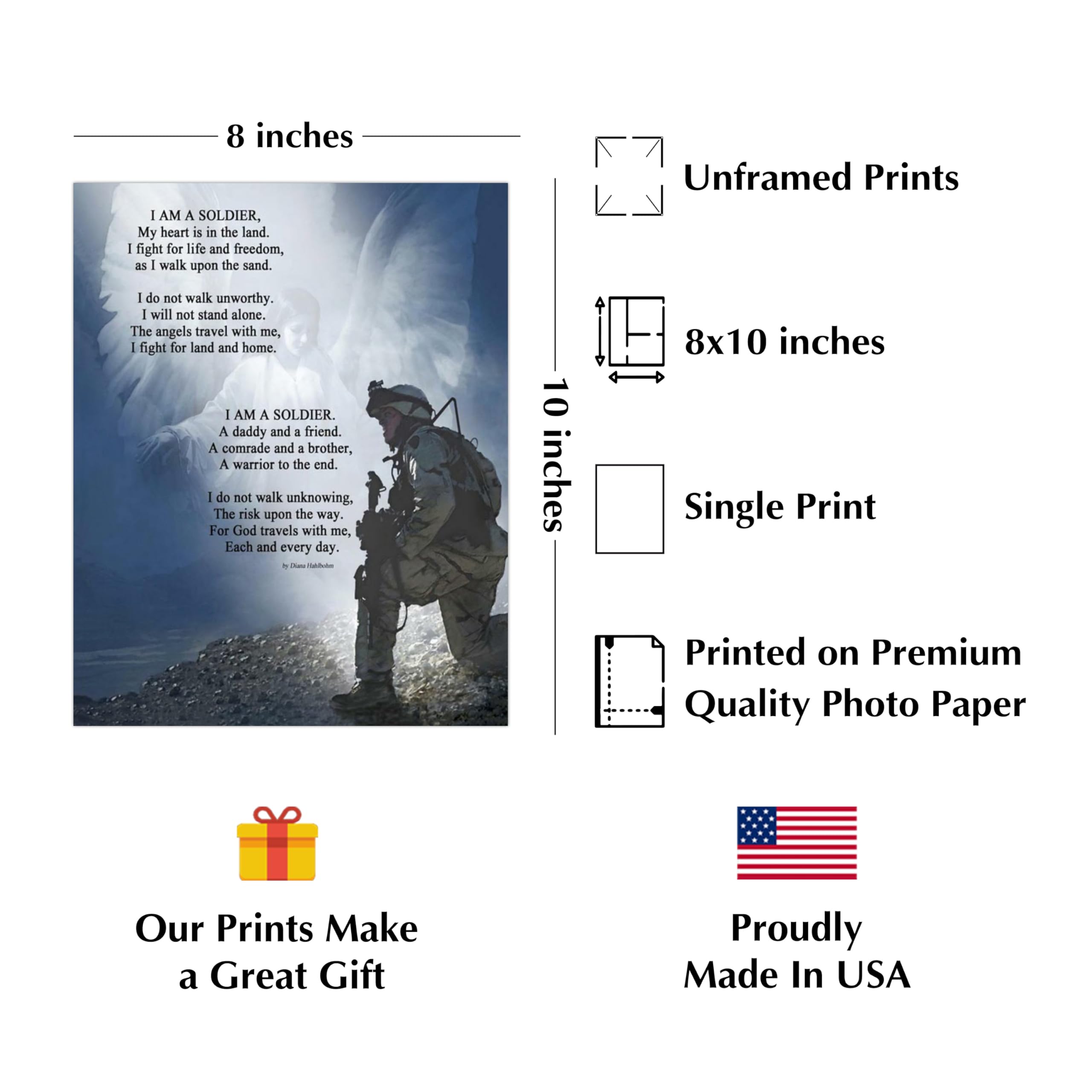 Military Wall Art - Soldier Kneeling with Angels Protection Patriotic Print | Home Decor, Man Cave, Living Room & Office Wall Decor | Unframed 8x10 | Perfect for Veterans Day, Memorial Day & Military Appreciation Gifts