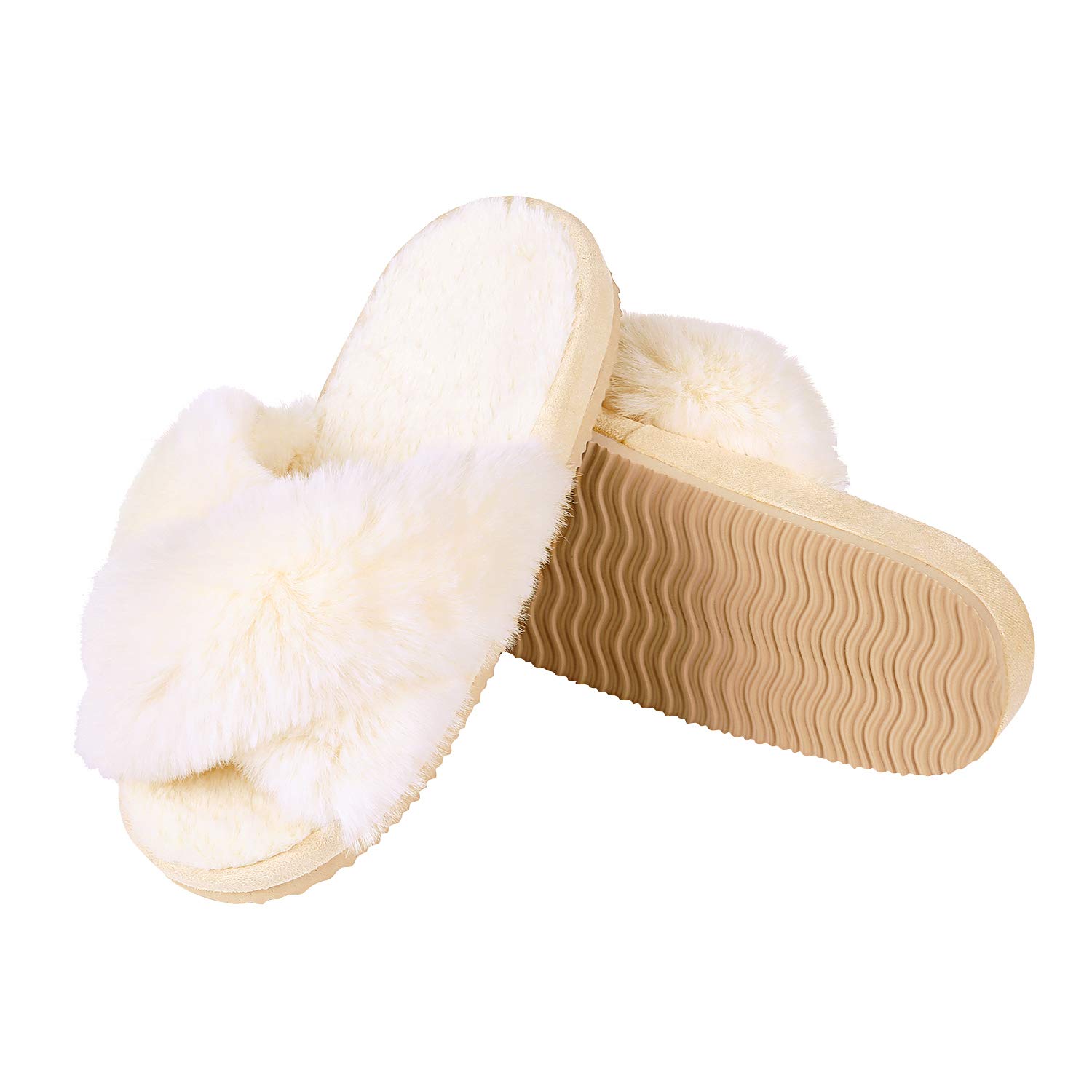 Comwarm Women's Fuzzy Cross Band Slippers - Soft Plush Open Toe House Shoes for Indoor & Outdoor Use - Cozy Bedroom Slippers for Relaxing at Home, Lounging & Spa Days